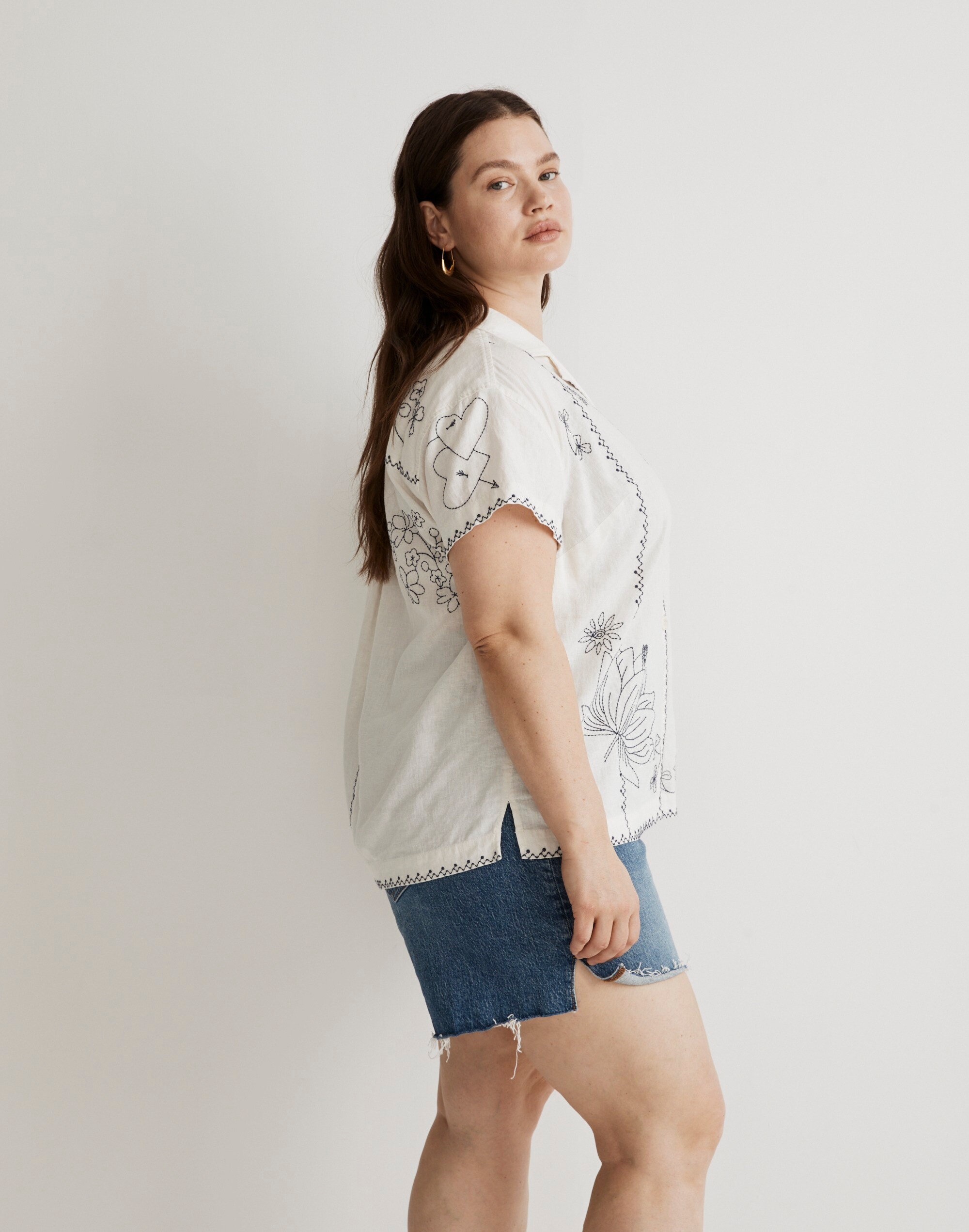 Plus Embroidered Linen-Blend Camp Shirt