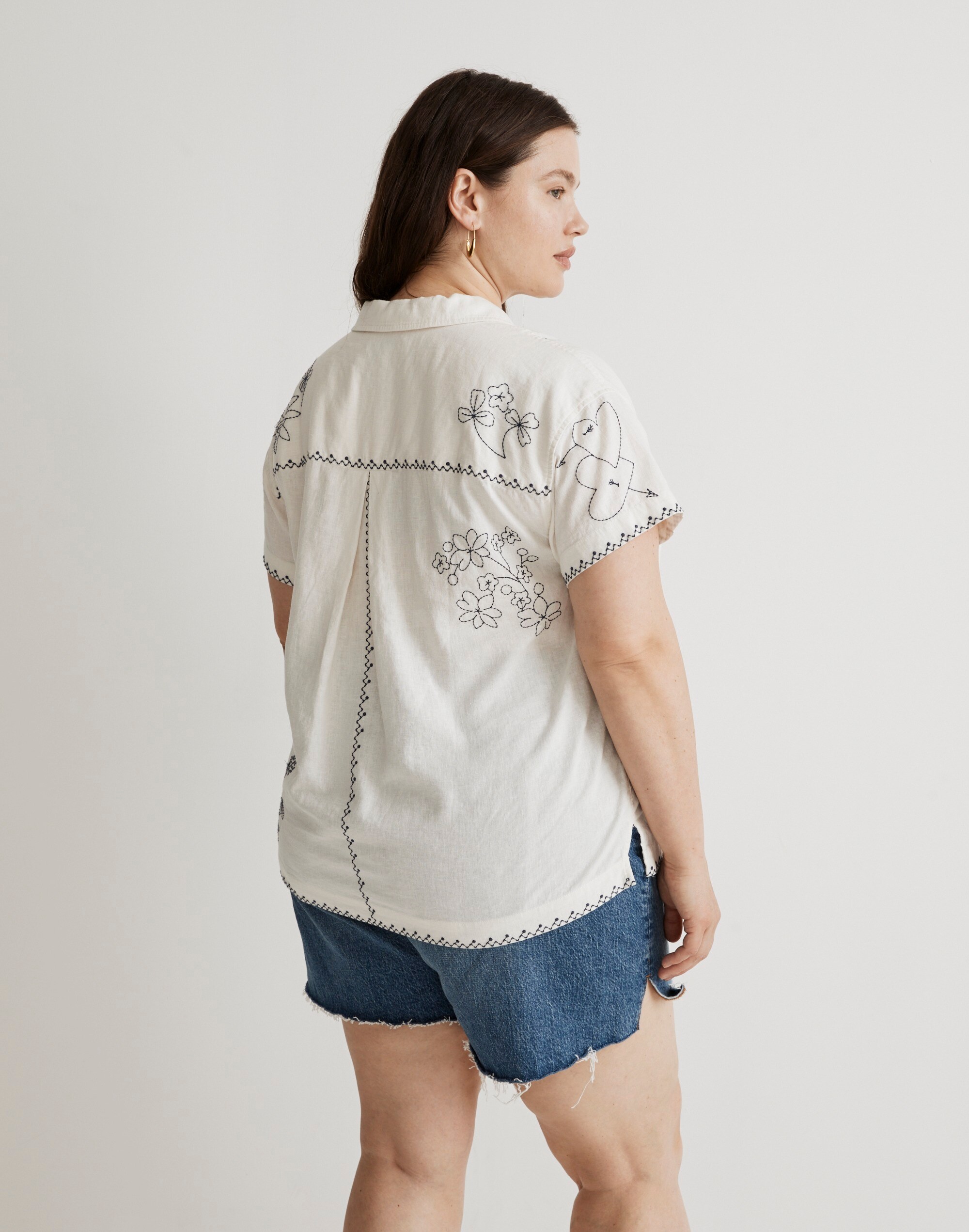 Plus Embroidered Linen-Blend Camp Shirt