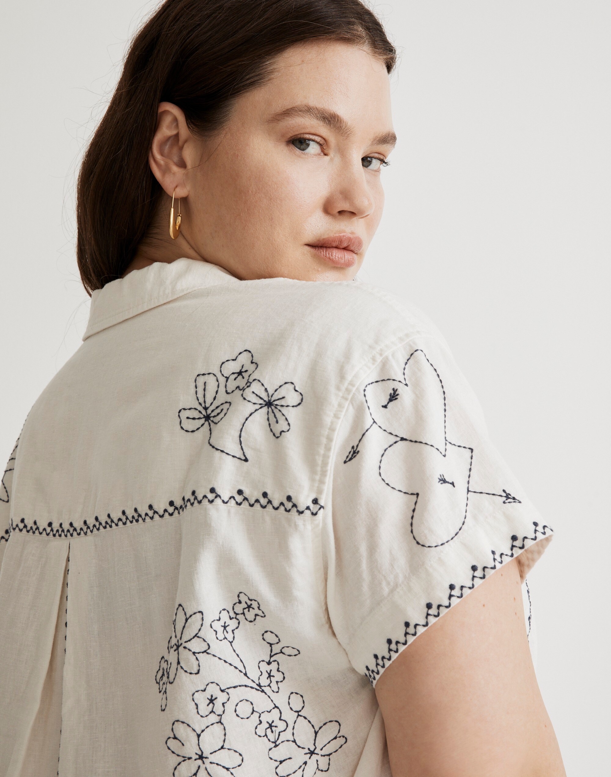 Plus Embroidered Linen-Blend Camp Shirt
