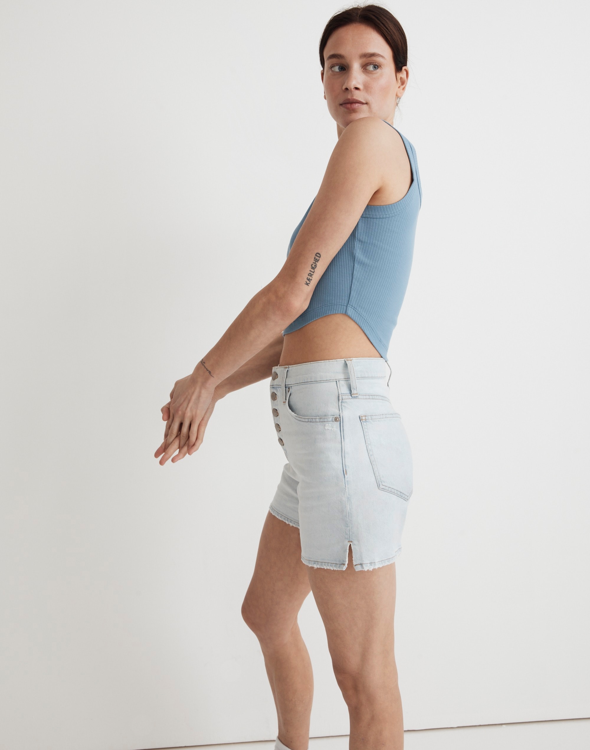 The Perfect Vintage Mid-Length Jean Short in Dayson Wash: Button-Fly Edition