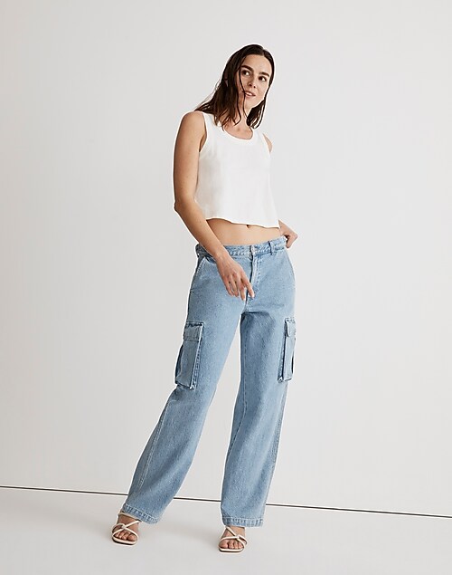 Women's Black Solid Crop Top & Women's Blue Mid Rise Straight Fit Cargo  Jeans