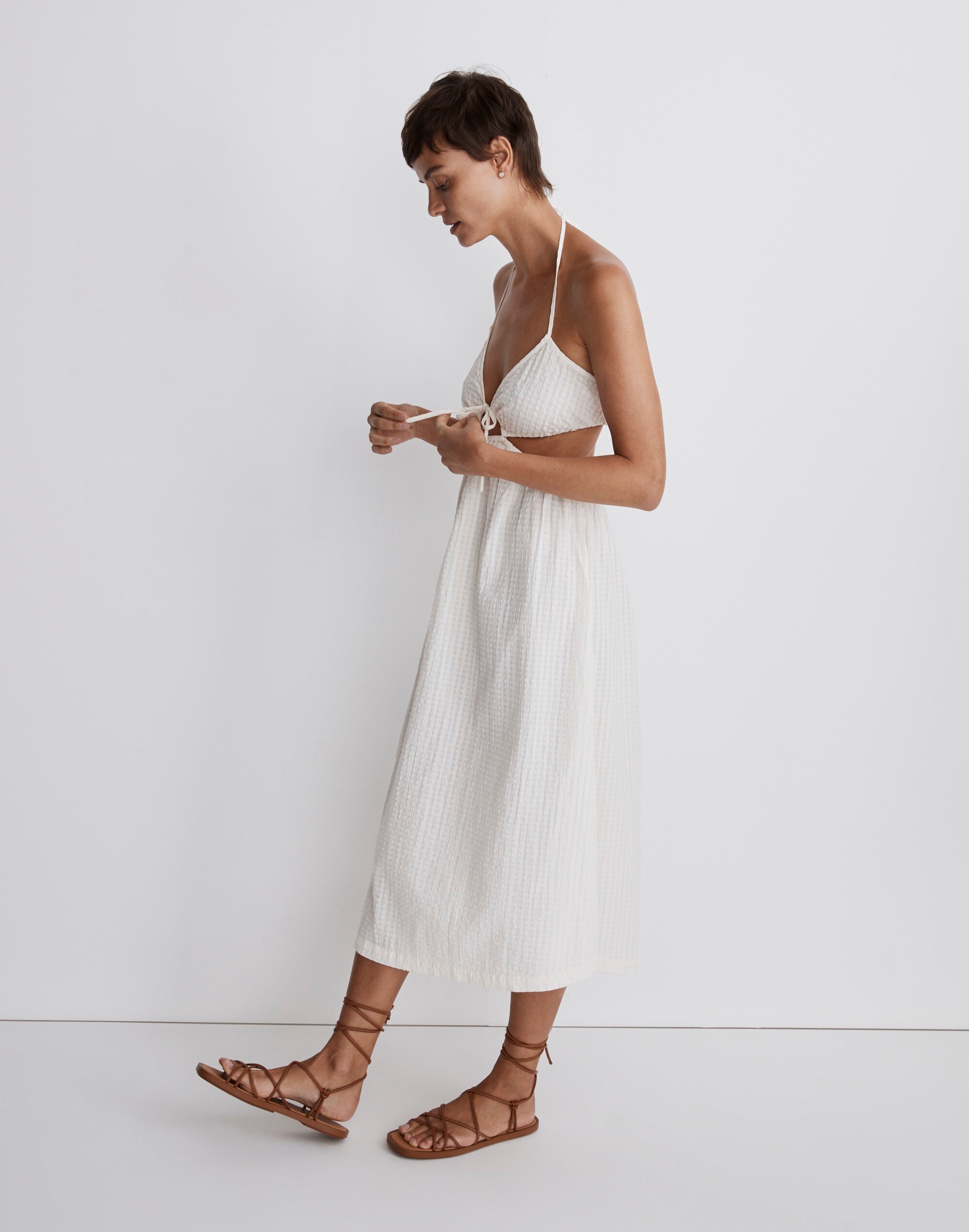 Seersucker Tie-Front Cutout Midi Dress