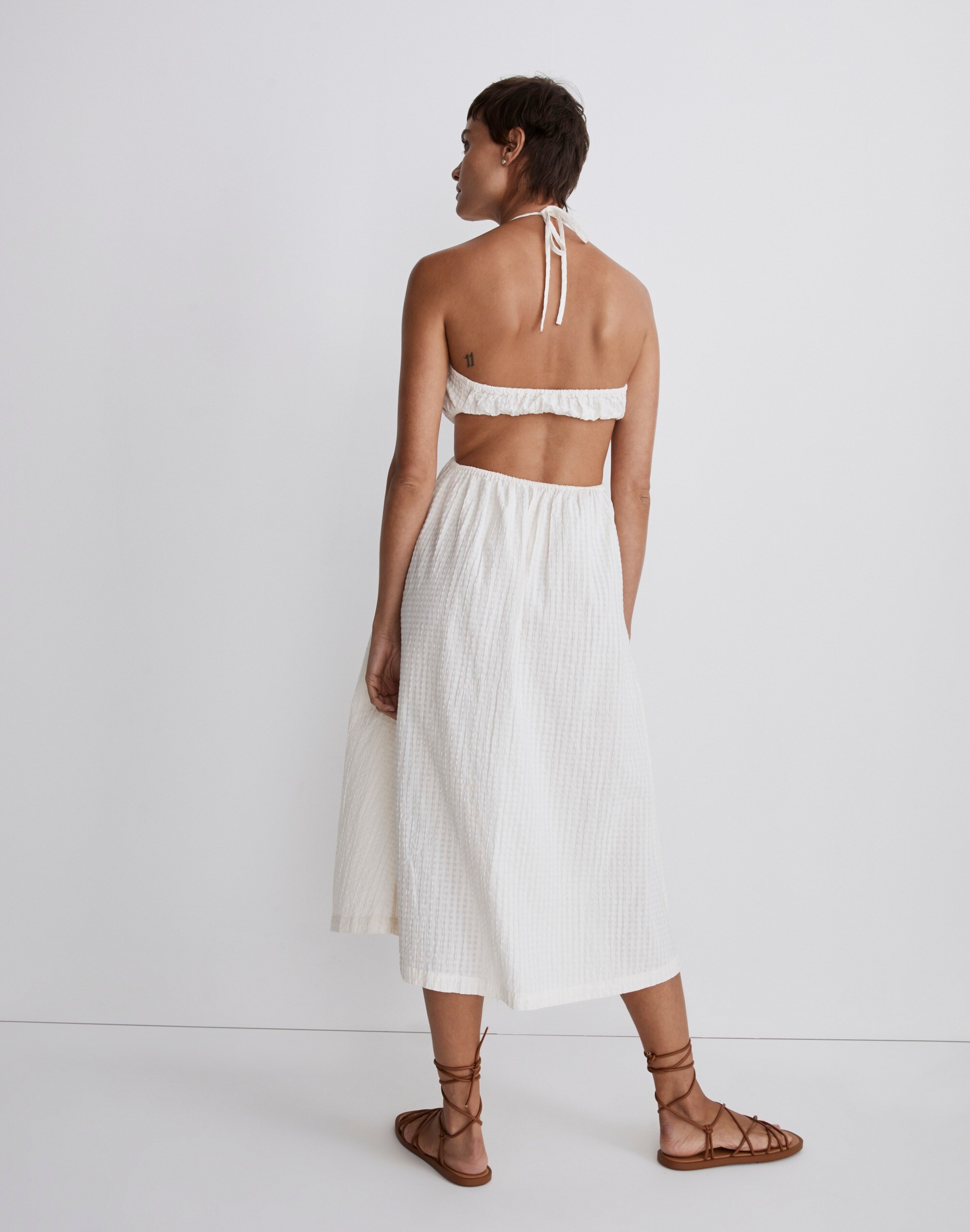 Seersucker Tie-Front Cutout Midi Dress