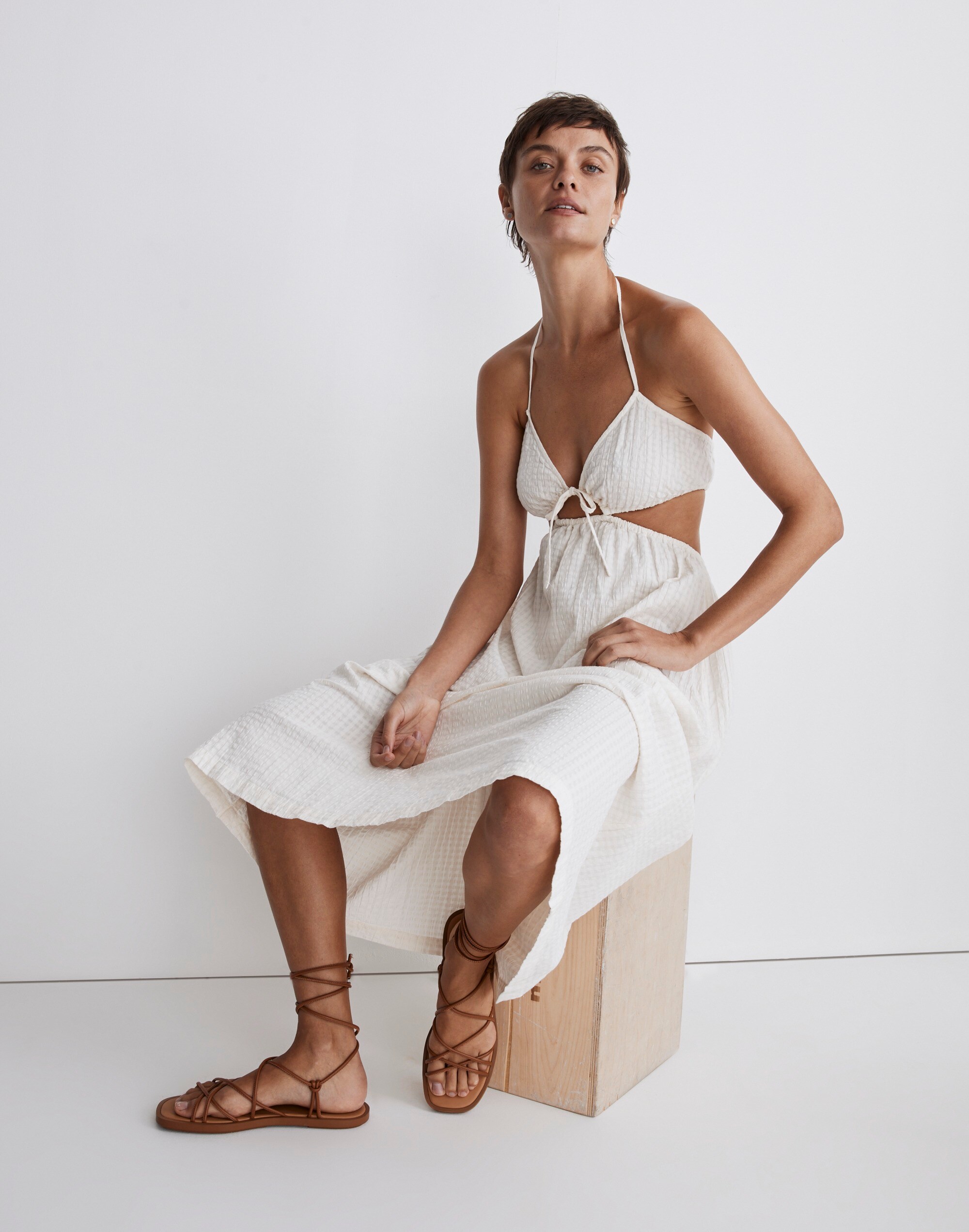 Seersucker Tie-Front Cutout Midi Dress