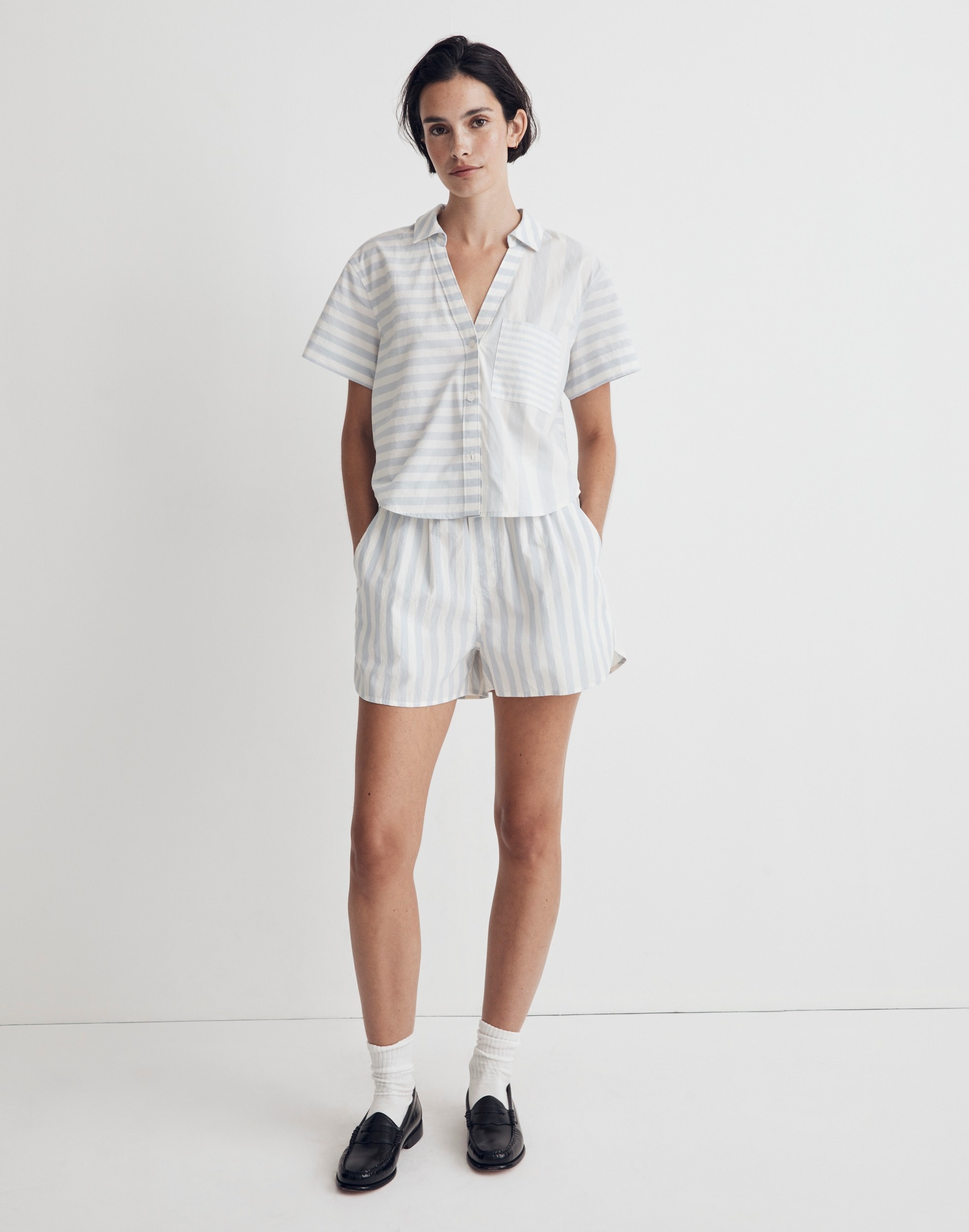 Y-Neck Button-Up Shirt in Mixed Stripe