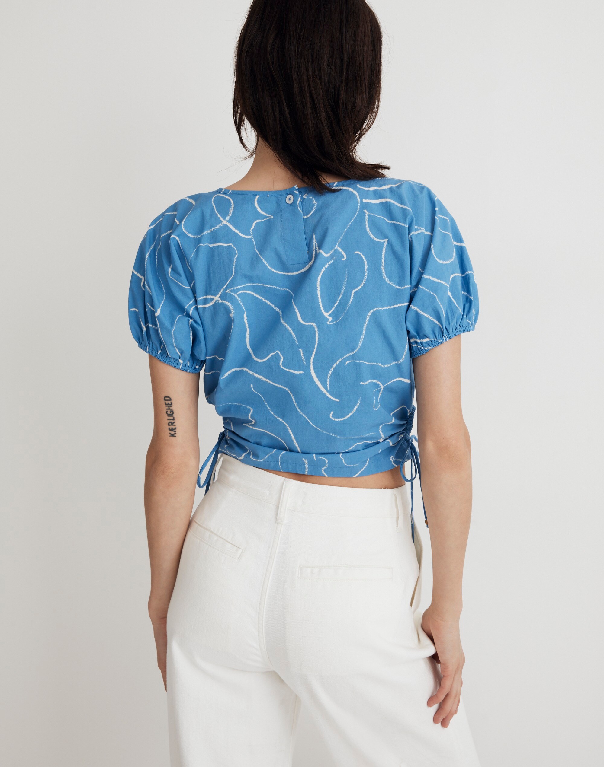 Embroidered Poplin Puff-Sleeve Cutout Crop Top