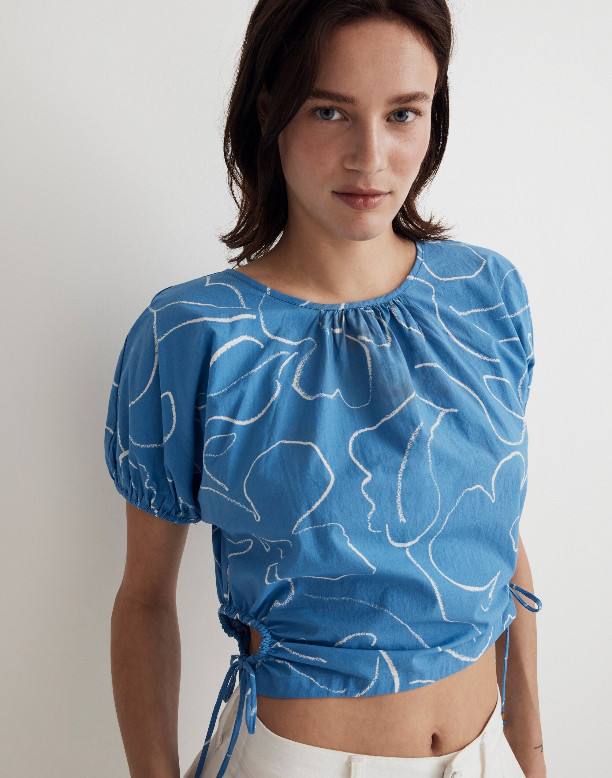 Embroidered Poplin Puff-Sleeve Cutout Crop Top