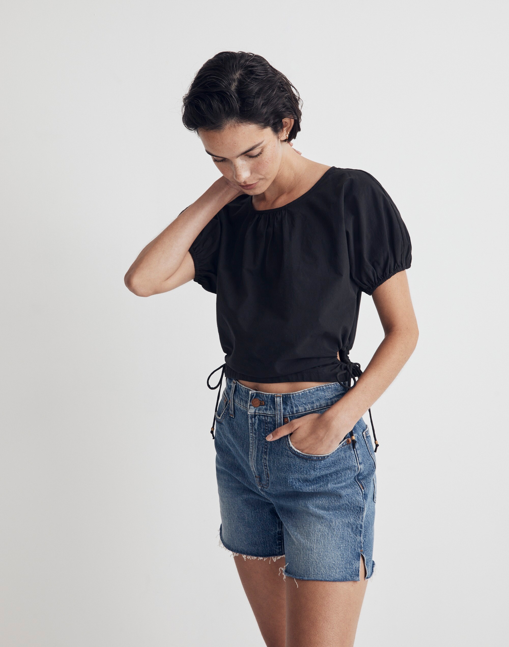 Embroidered Poplin Puff-Sleeve Cutout Crop Top