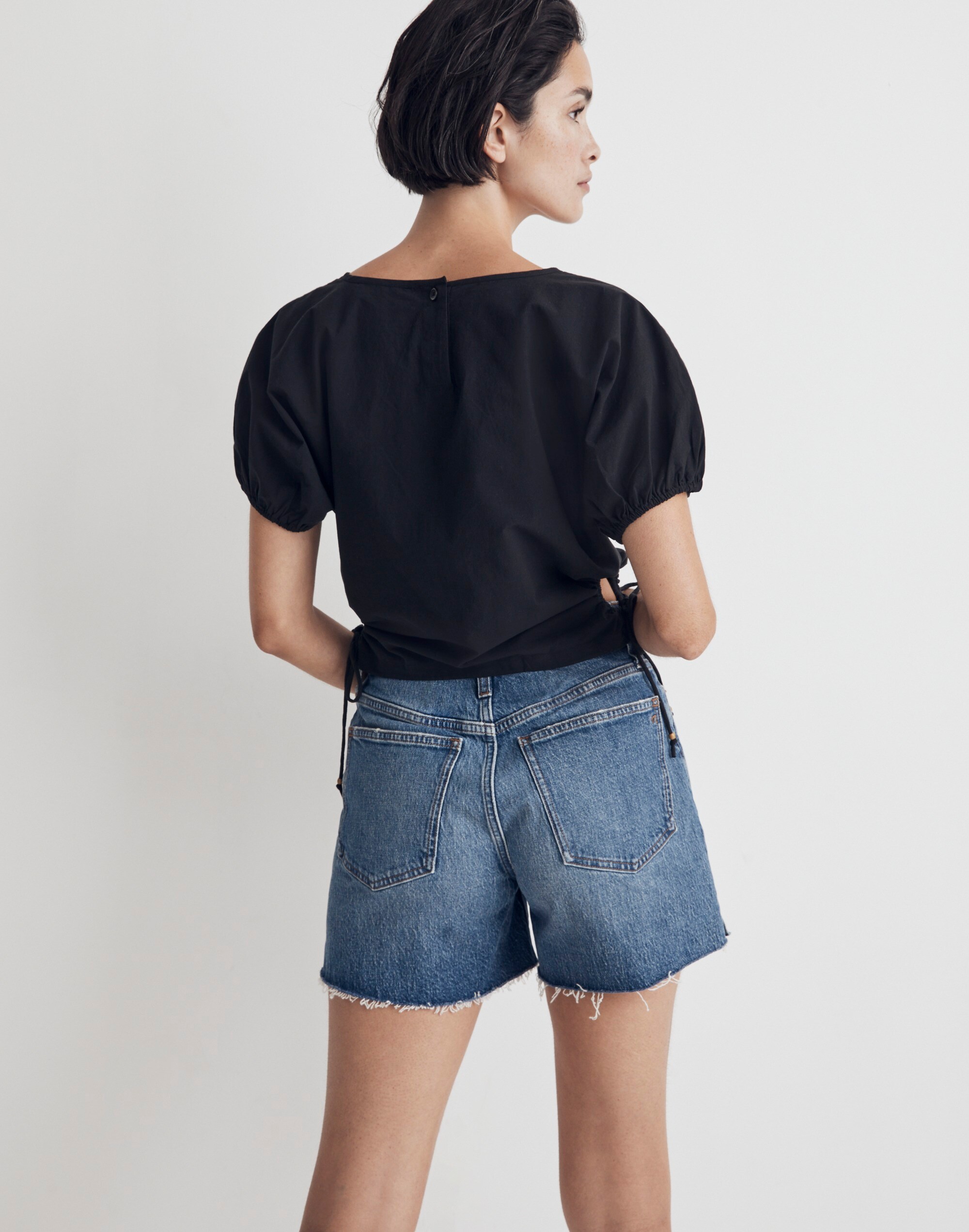 Embroidered Poplin Puff-Sleeve Cutout Crop Top