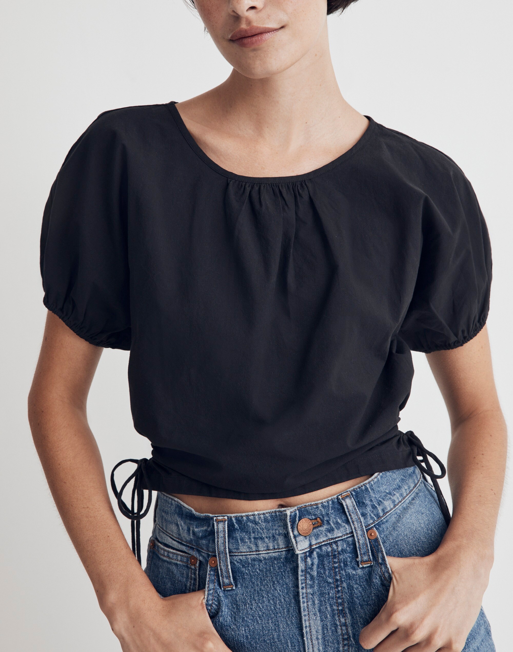 Embroidered Poplin Puff-Sleeve Cutout Crop Top