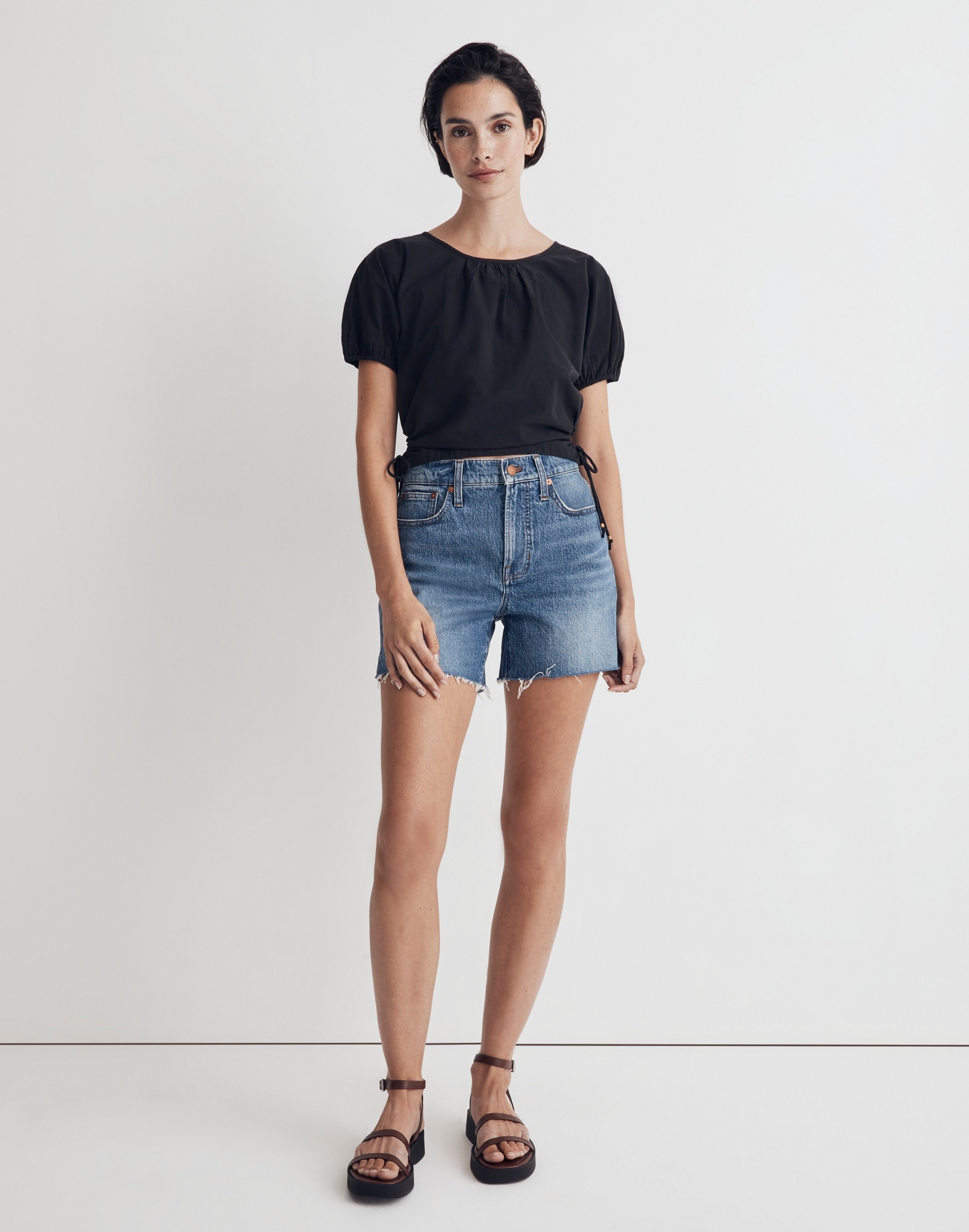 poplin puff-sleeve cutout crop top