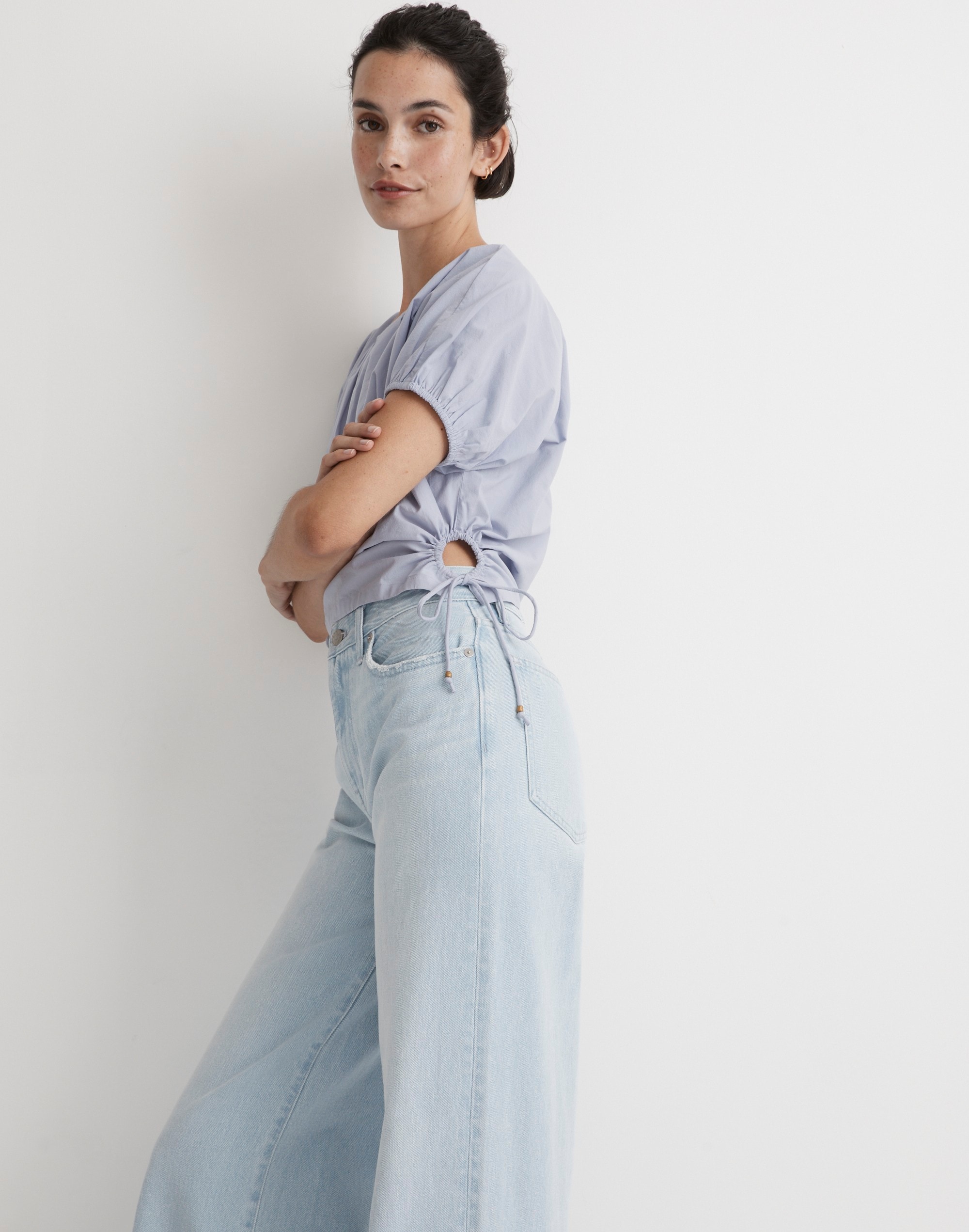 Embroidered Poplin Puff-Sleeve Cutout Crop Top