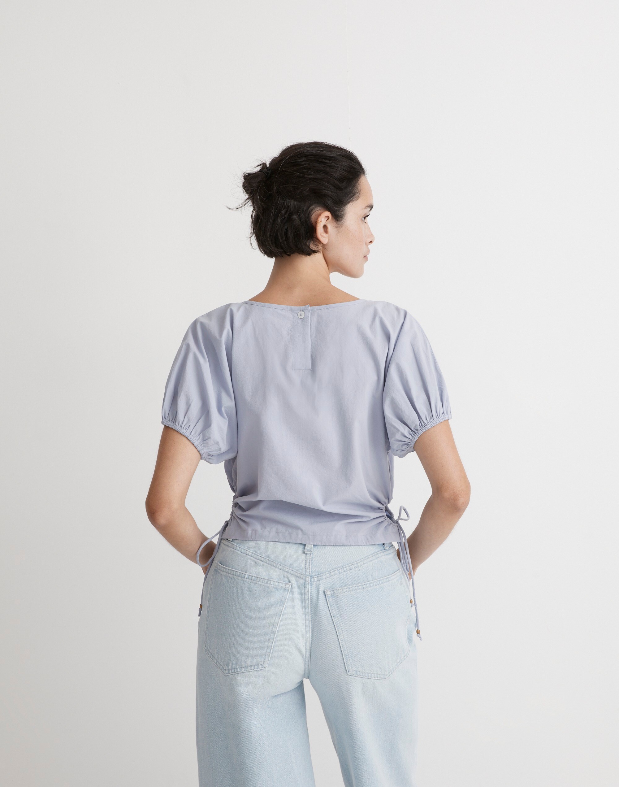 Embroidered Poplin Puff-Sleeve Cutout Crop Top