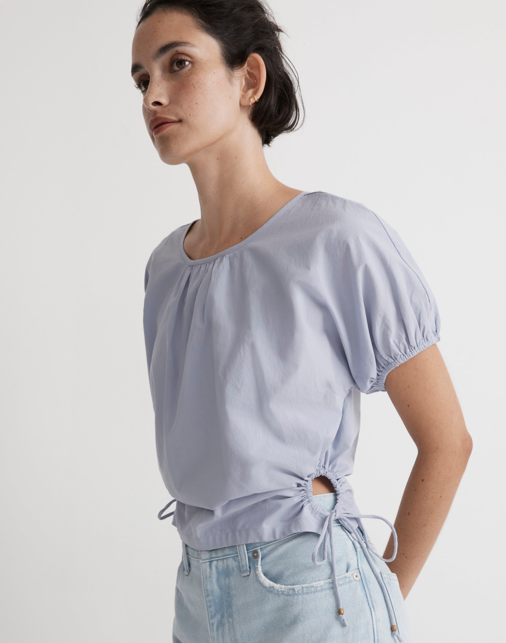 Embroidered Poplin Puff-Sleeve Cutout Crop Top