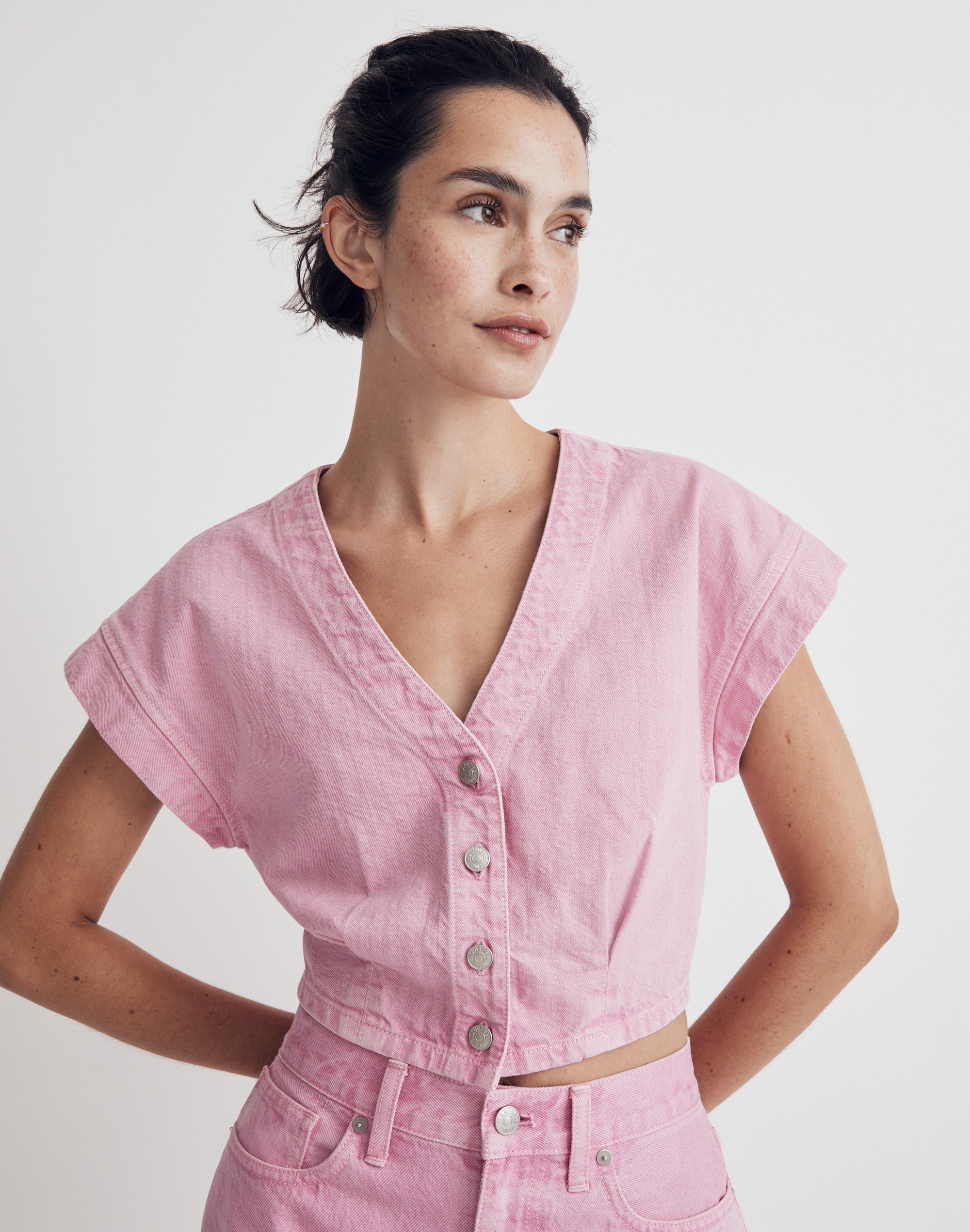 Denim Cap-Sleeve Crop Top