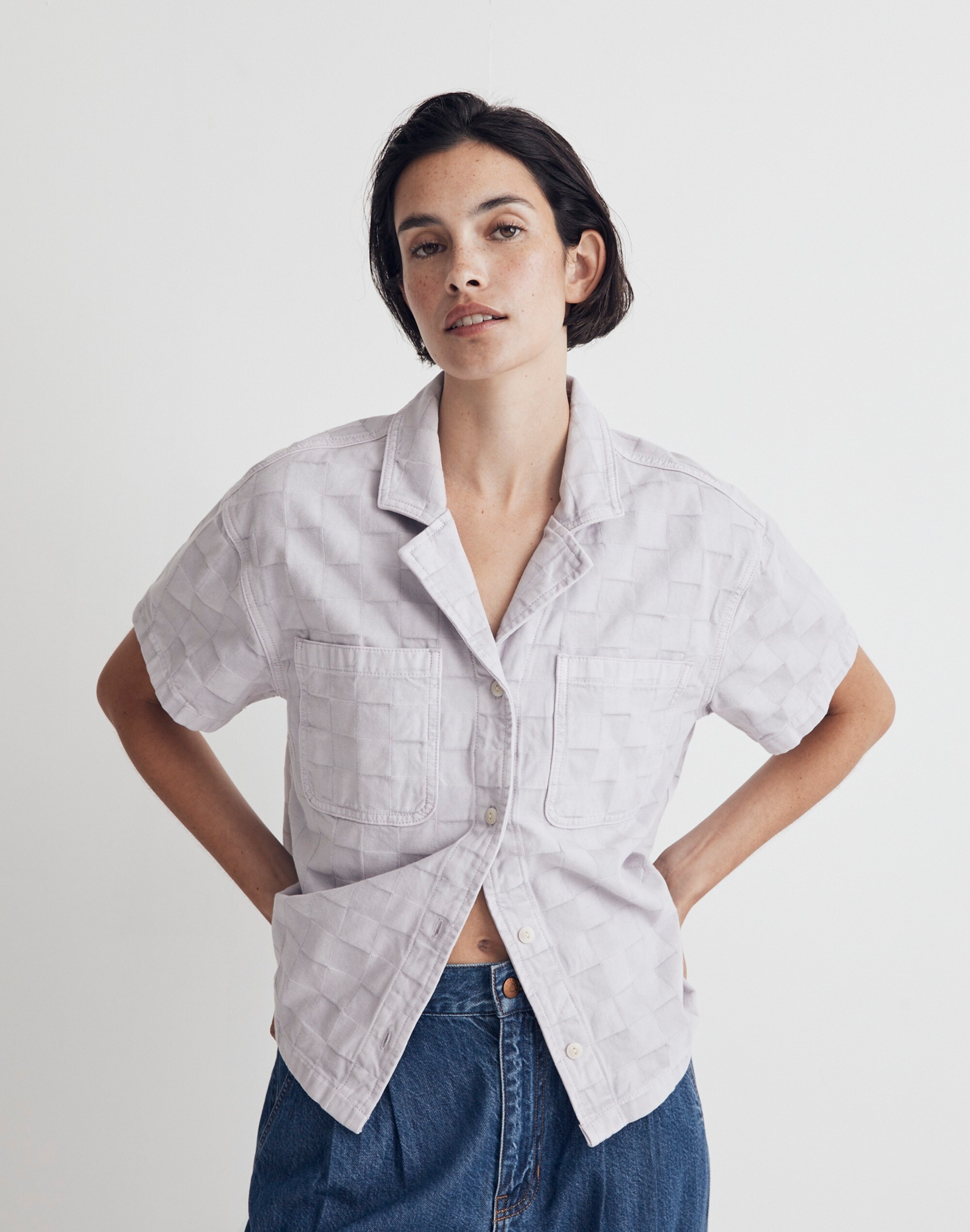 Garment-Dyed Checkerboard Button-Up Shirt