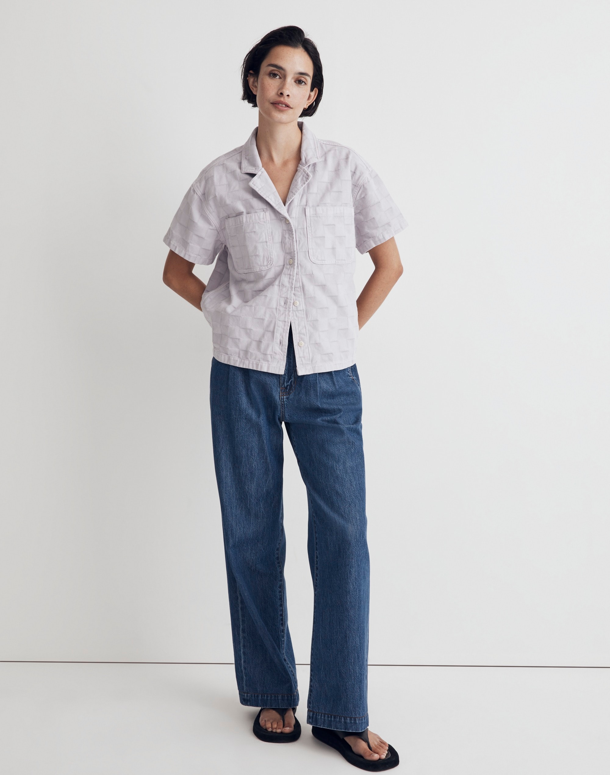 garment-dyed checkerboard button-up shirt