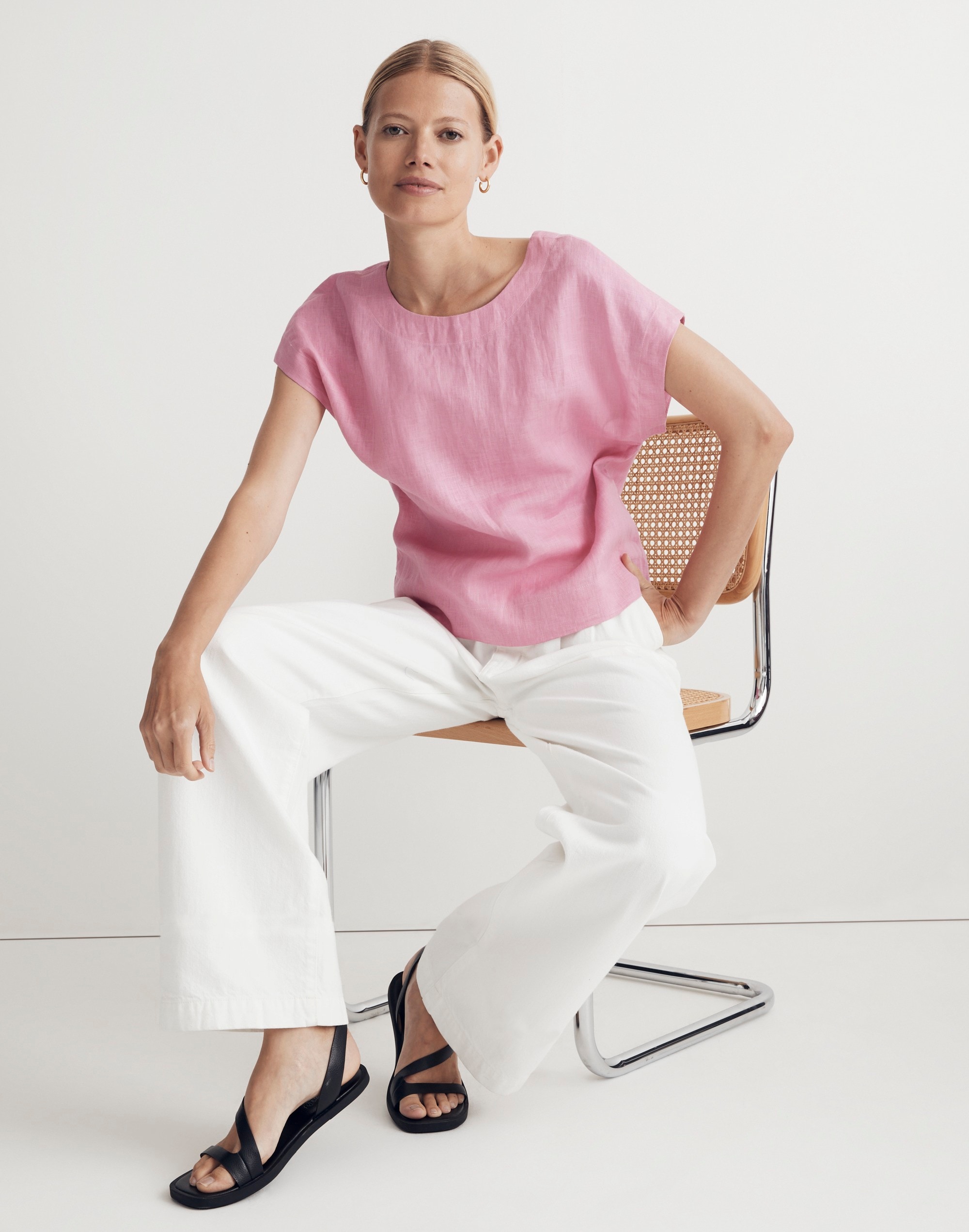 100% Linen Square-Back Crewneck Top