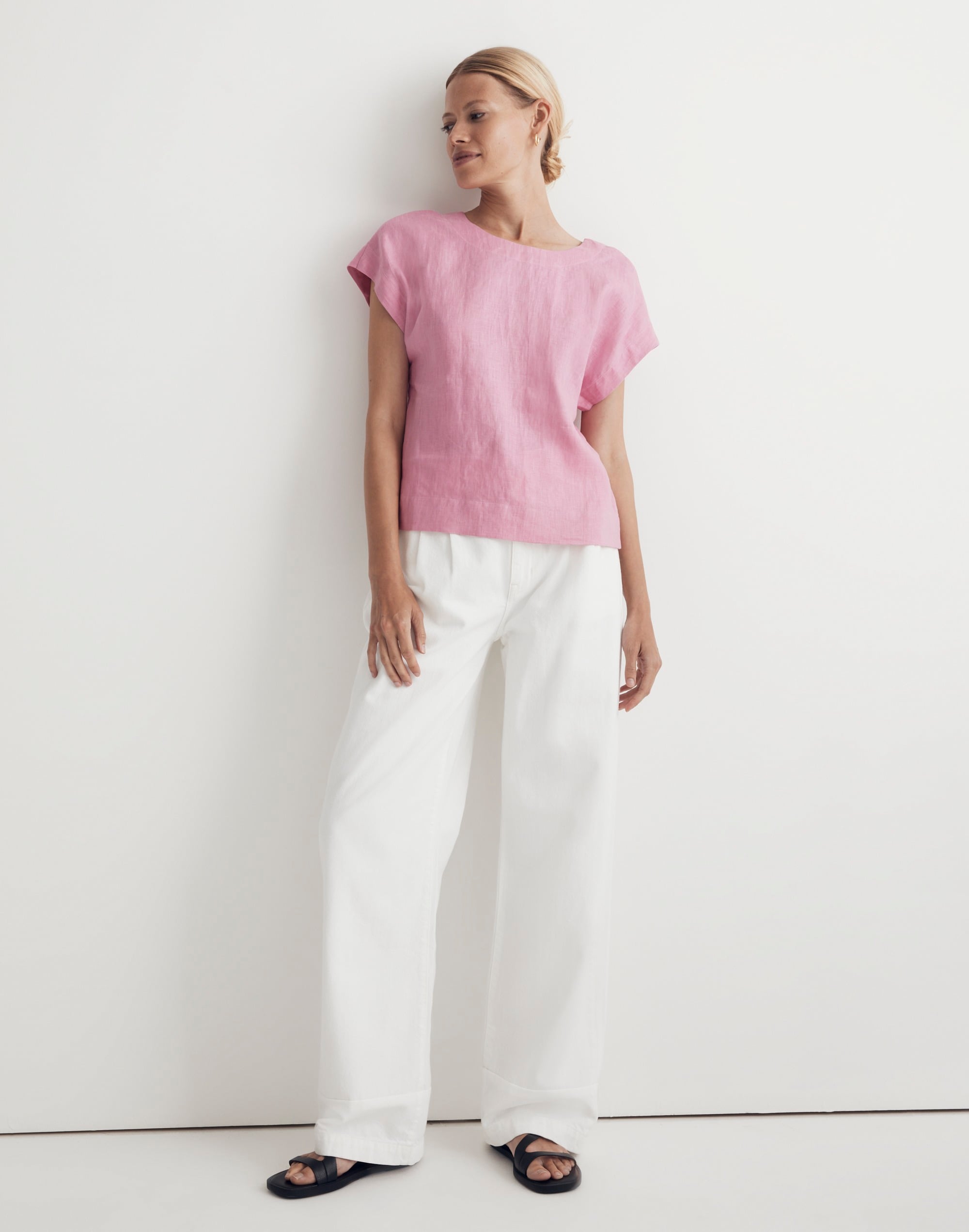 100% Linen Square-Back Crewneck Top