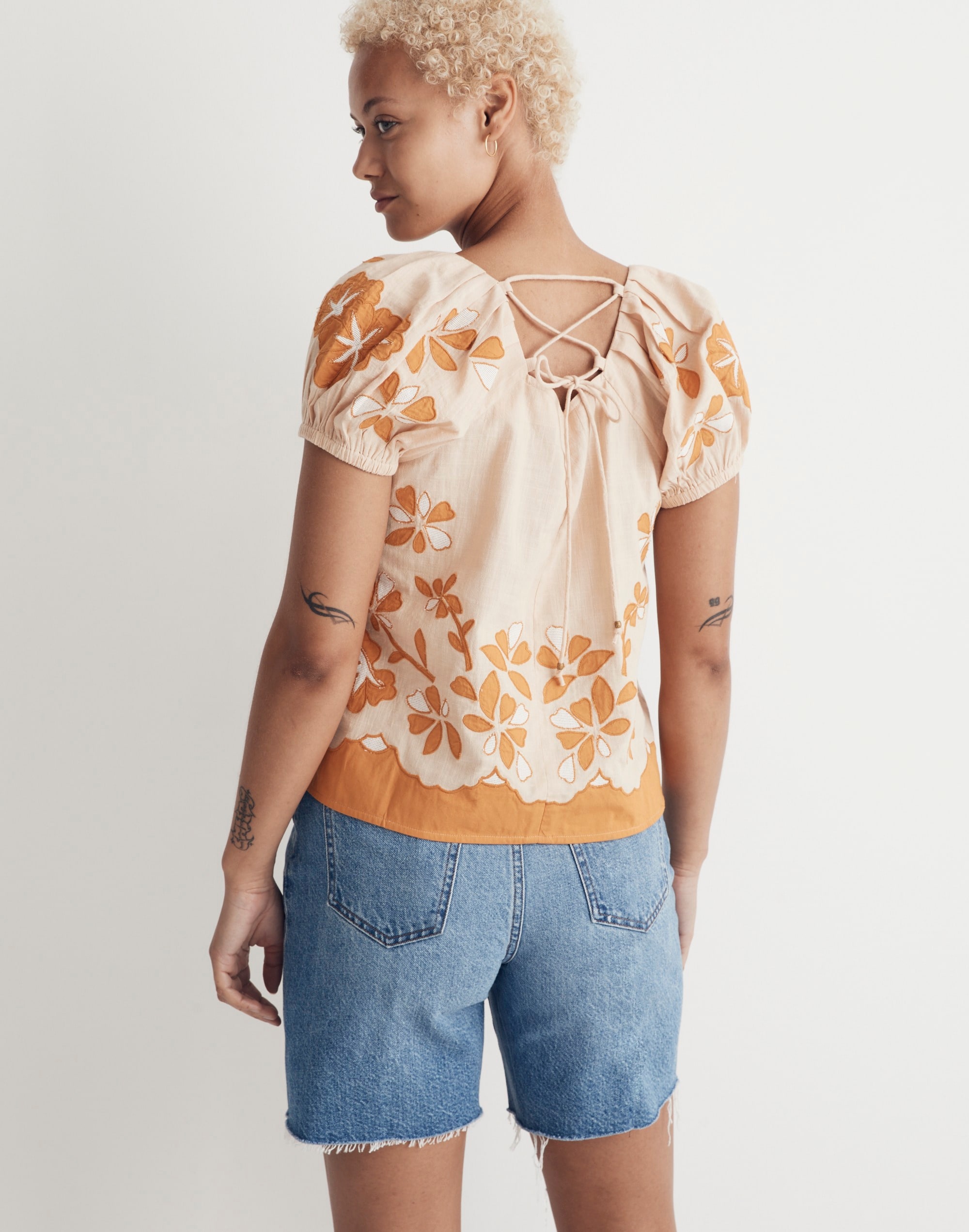Embroidered Lace-Up Back Top