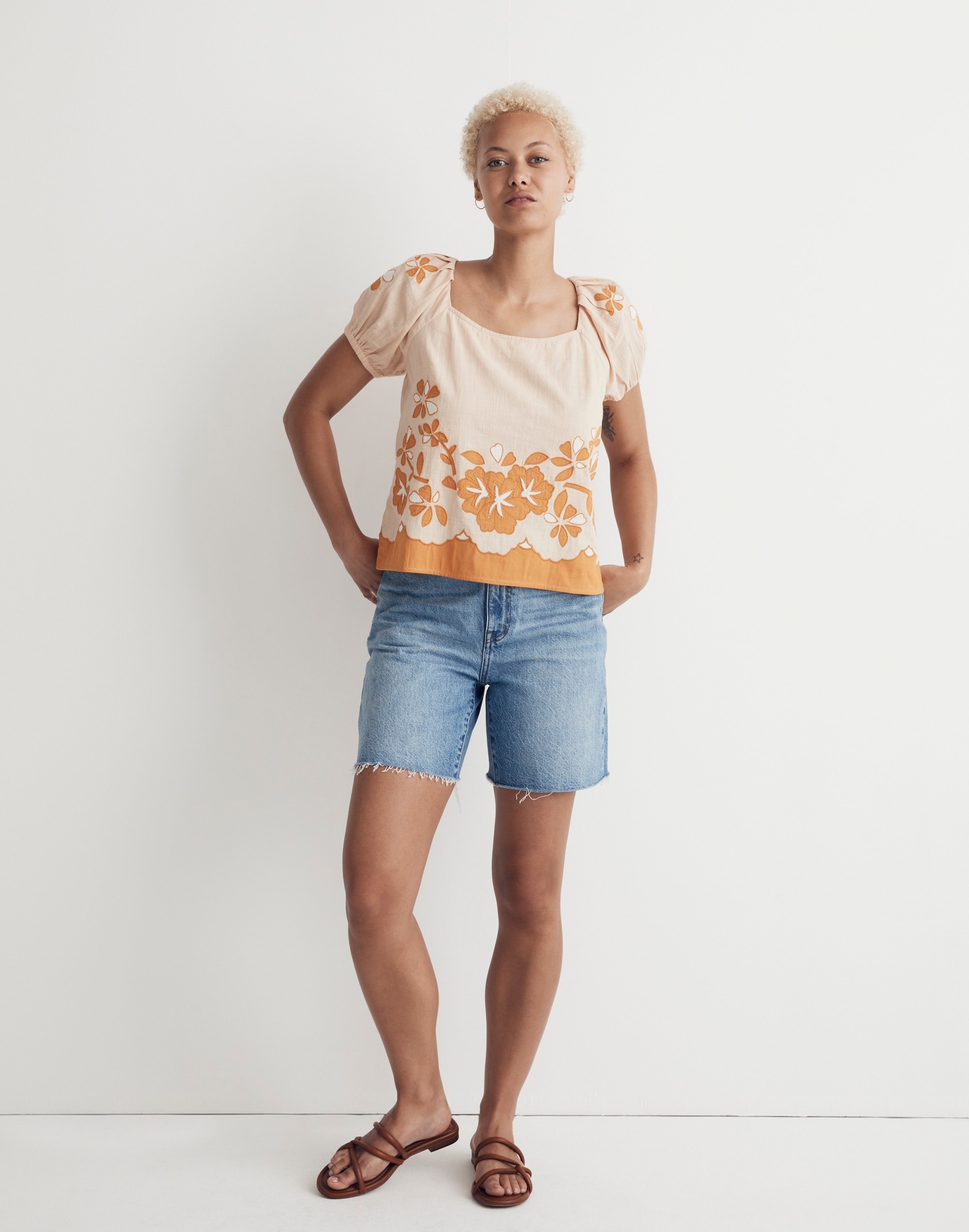 Embroidered Lace-Up Back Top