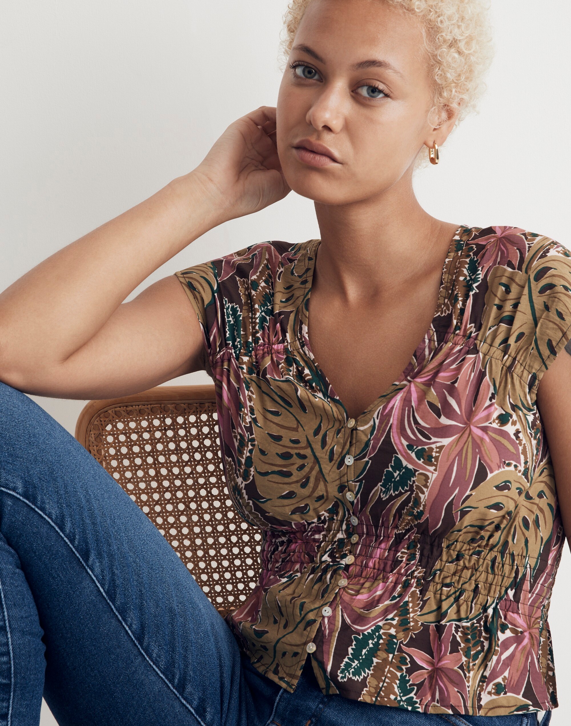 Shirred Cap-Sleeve Top in Brushstroke Monstera