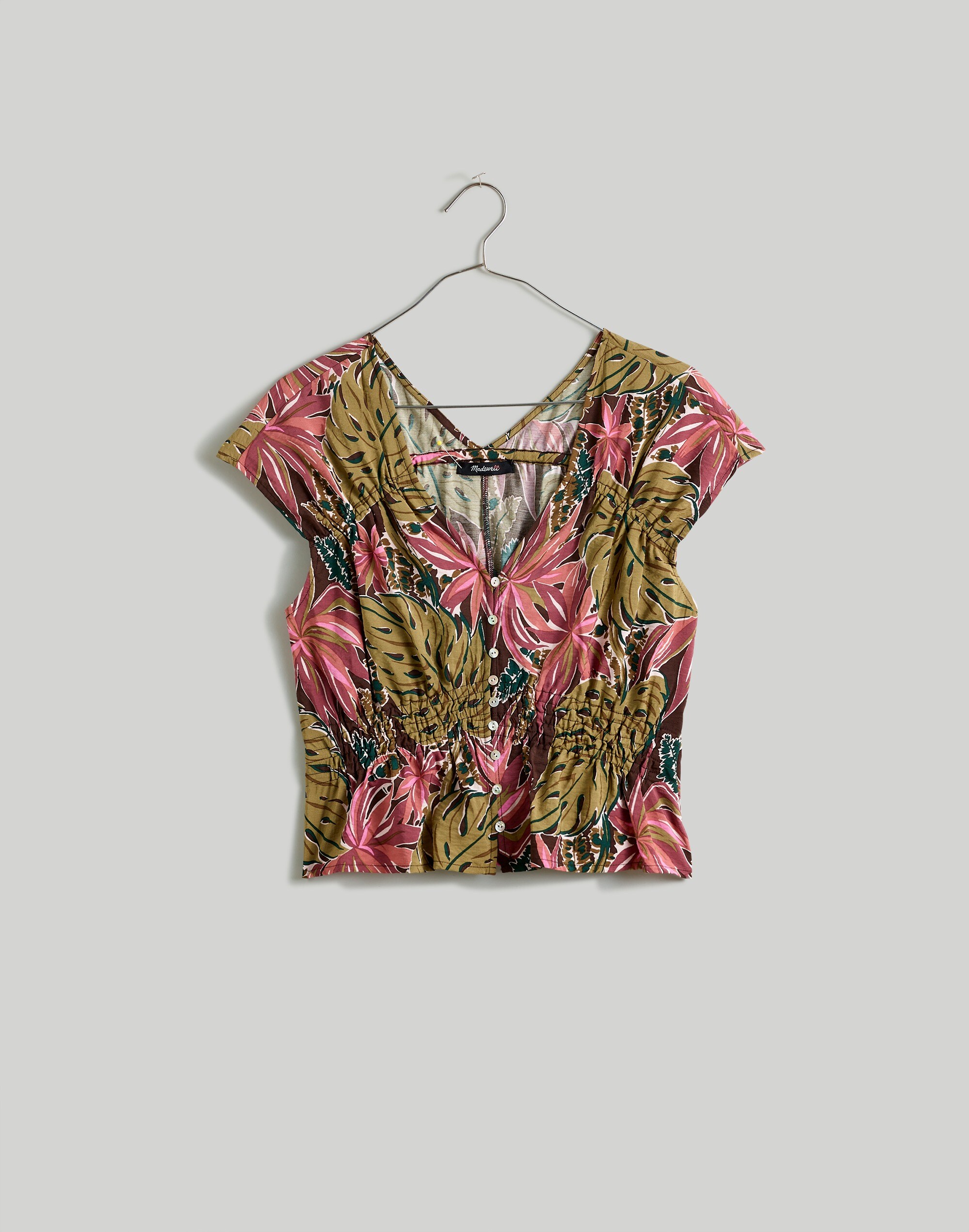 Shirred Cap-Sleeve Top in Brushstroke Monstera