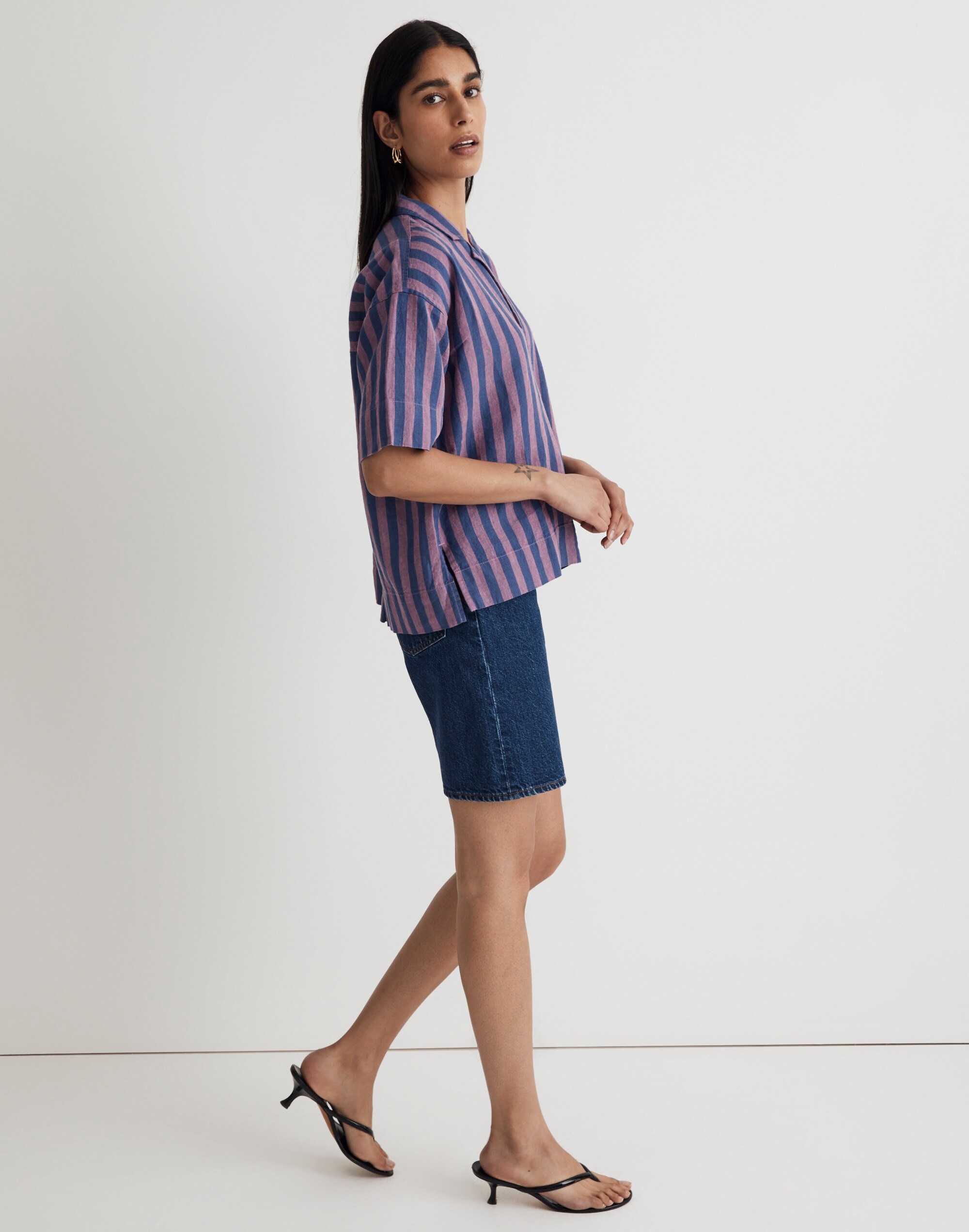 100% Linen Button-Up Camp Shirt in Stripe