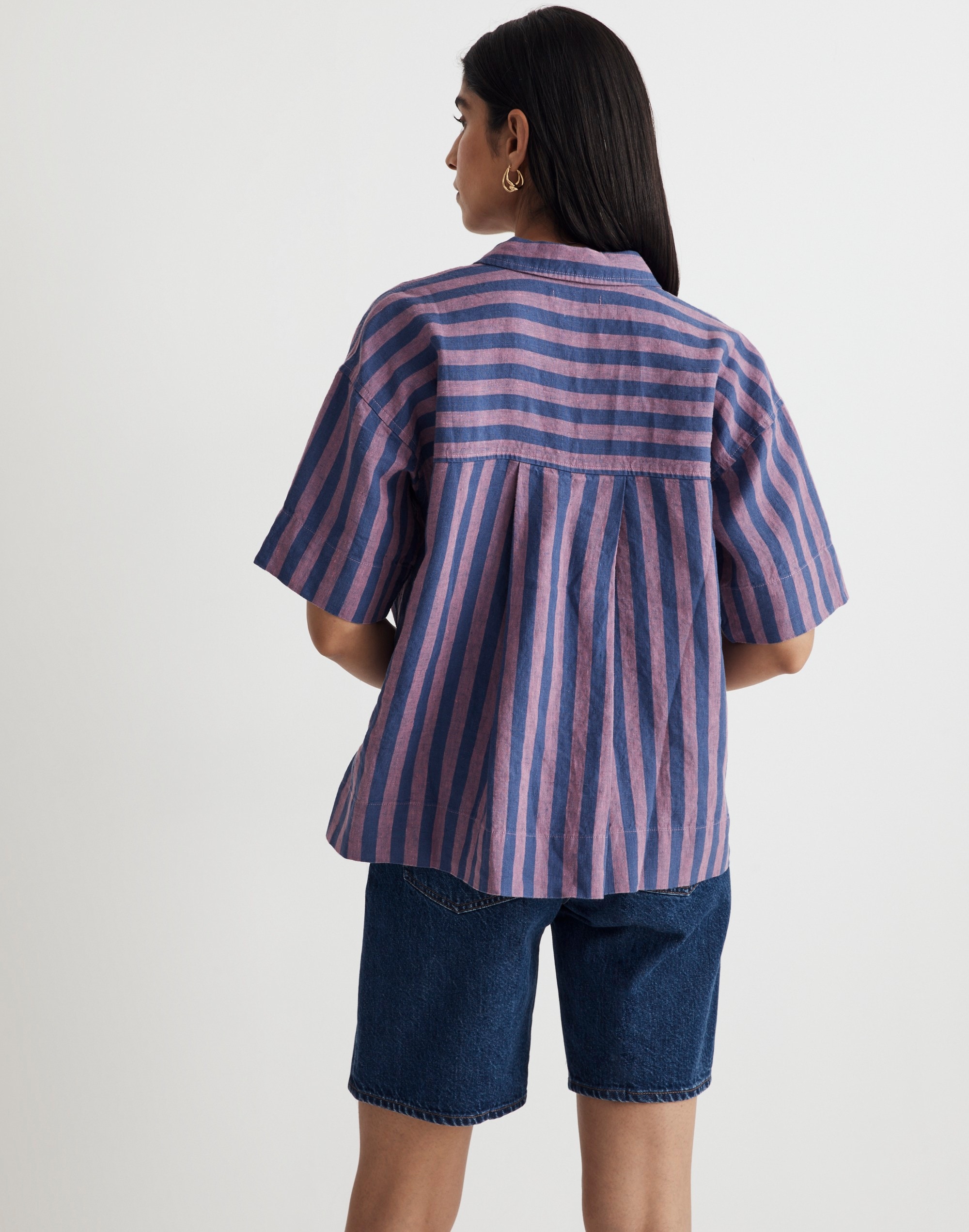 100% Linen Button-Up Camp Shirt in Stripe