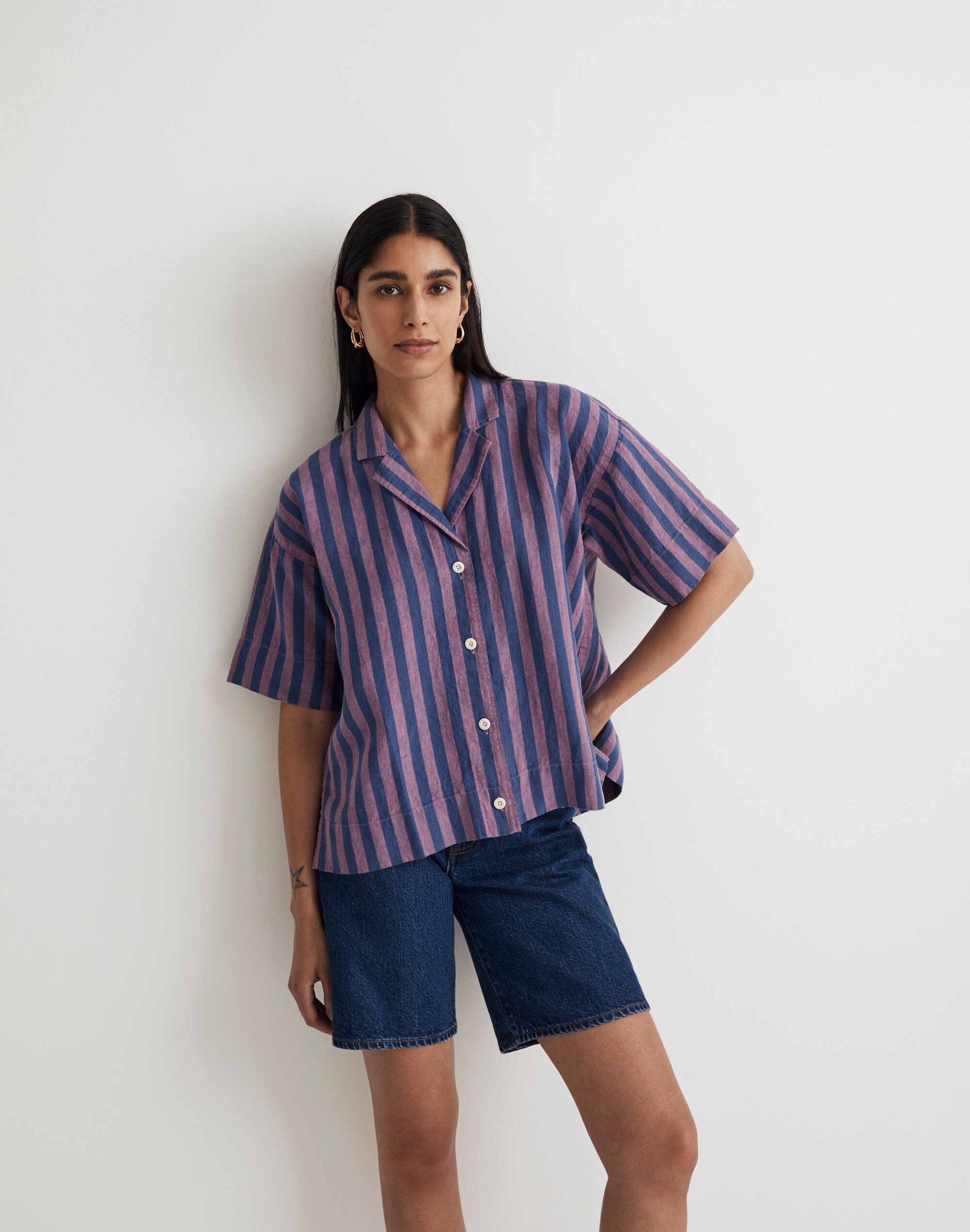 100% Linen Button-Up Camp Shirt in Stripe