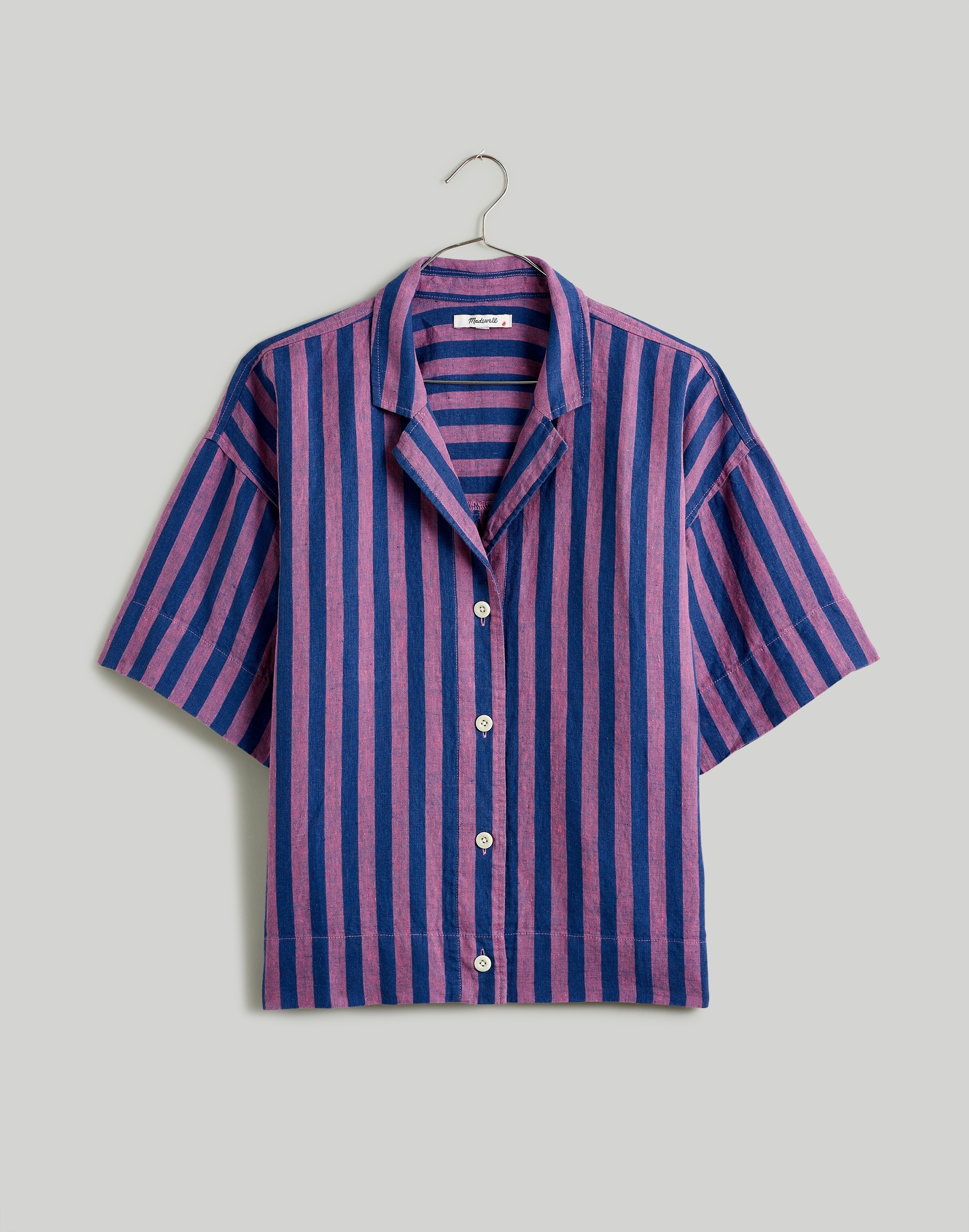 100% Linen Button-Up Camp Shirt in Stripe