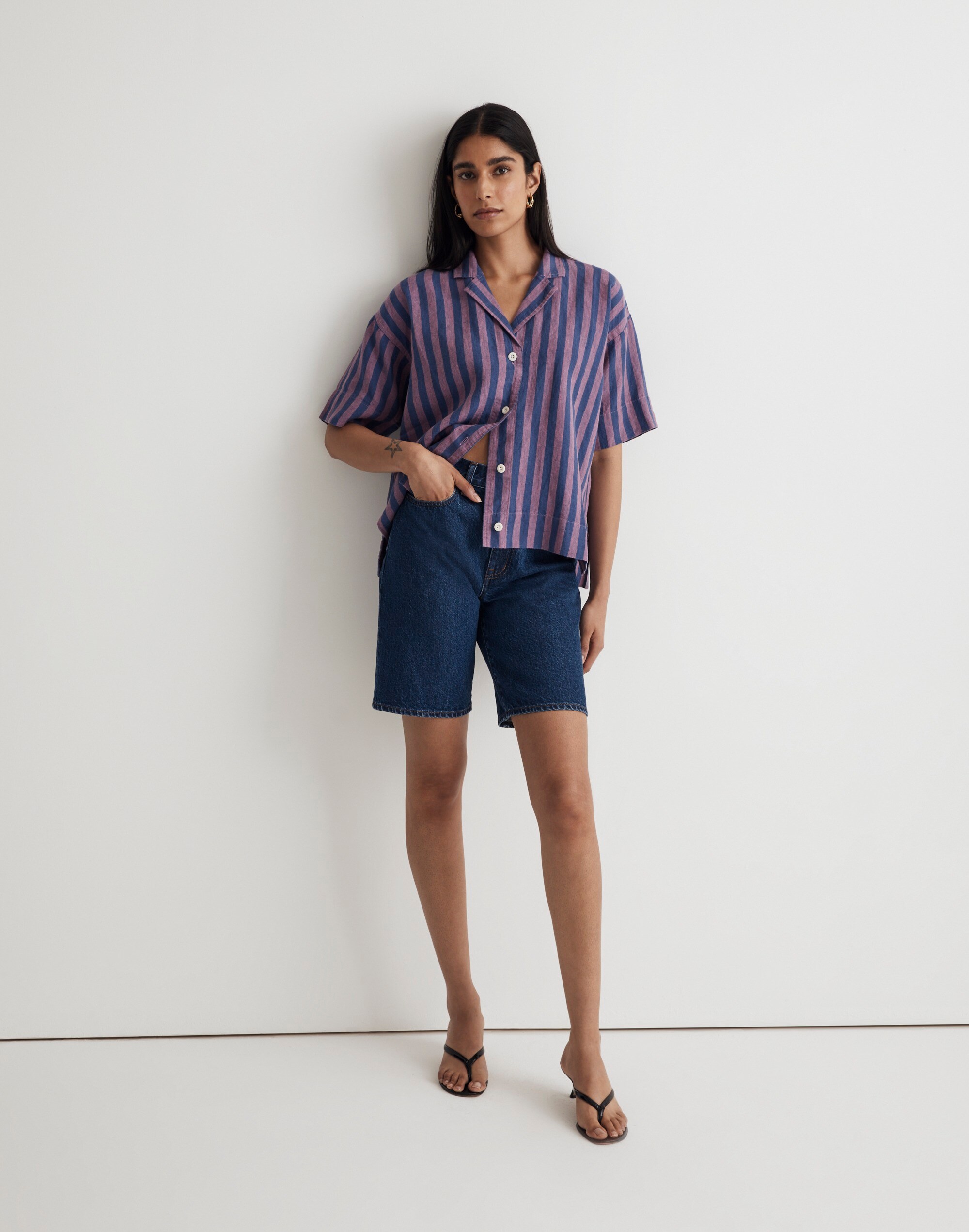 100% Linen Button-Up Camp Shirt in Stripe