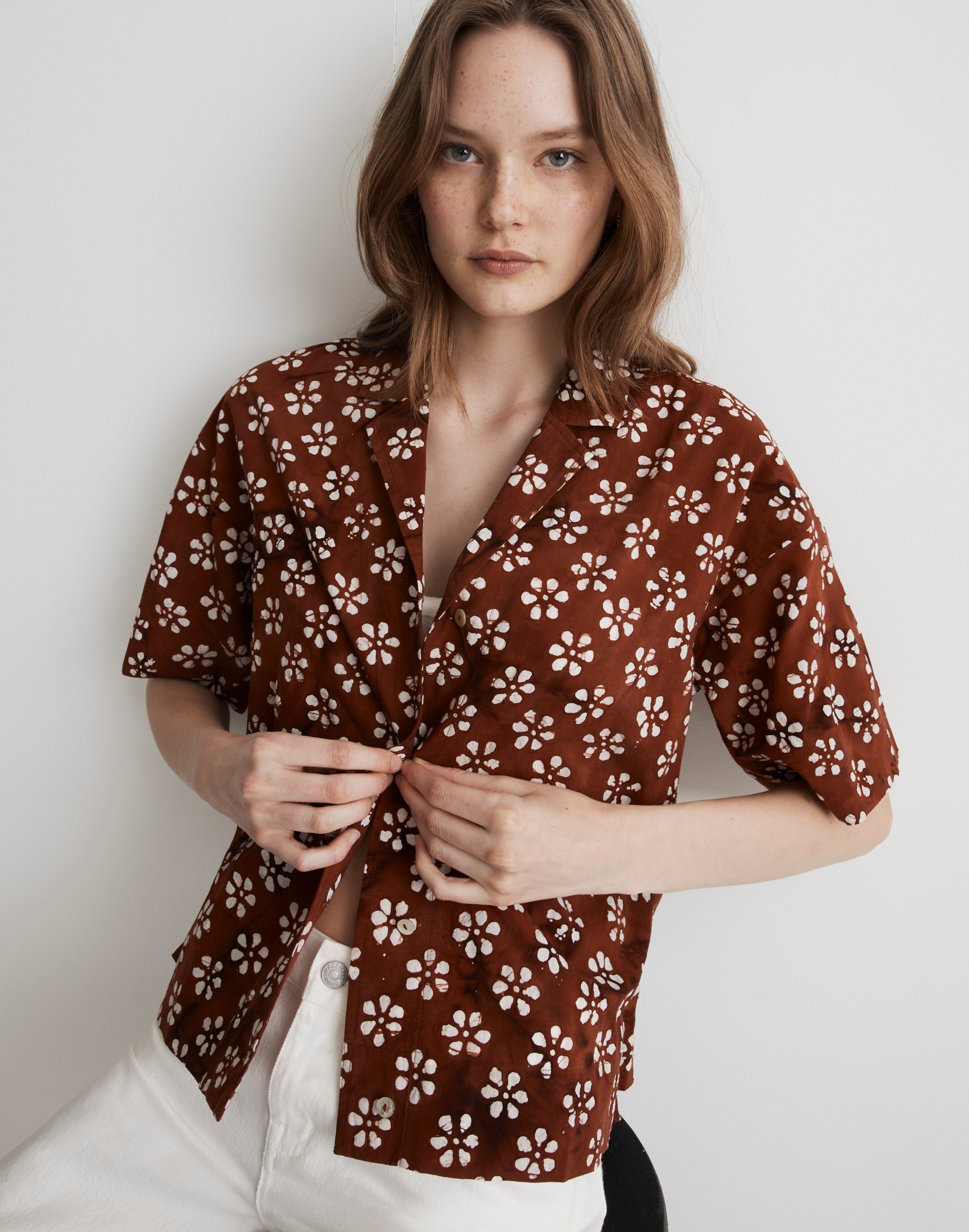 bubble-printed button-up camp shirt