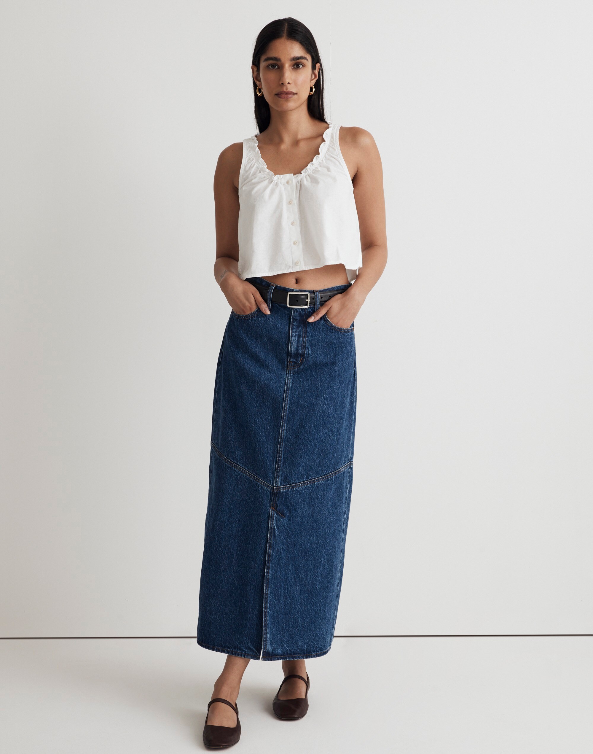 Denim Ruffled U-Neck Crop Top