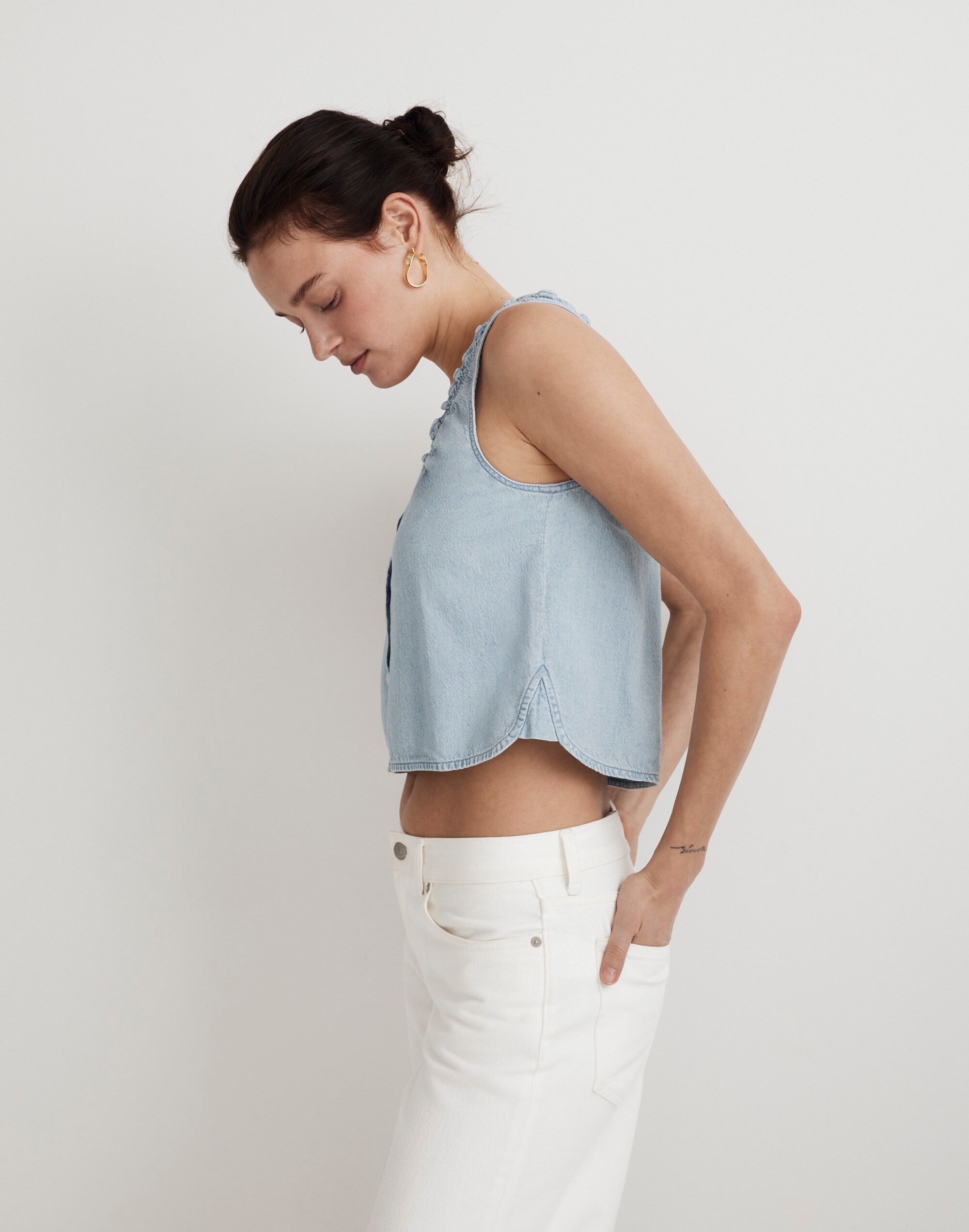 Denim Ruffled U-Neck Crop Top