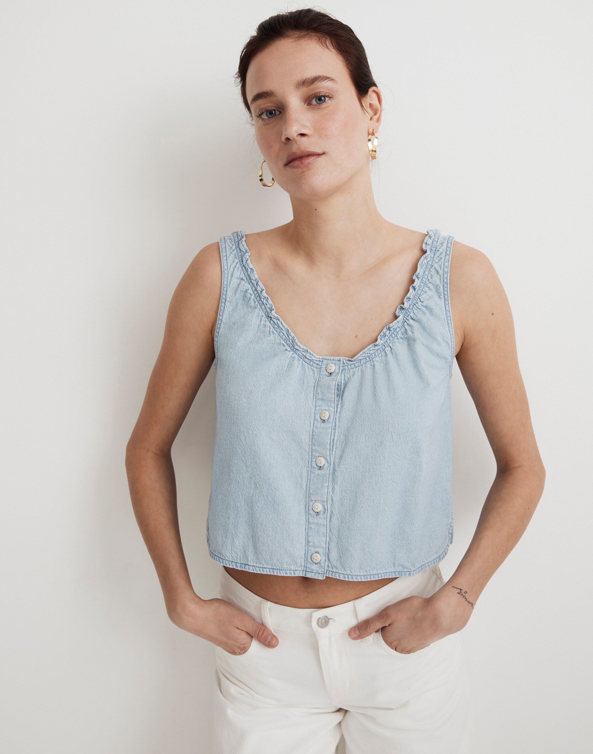 Denim Ruffled U-Neck Crop Top