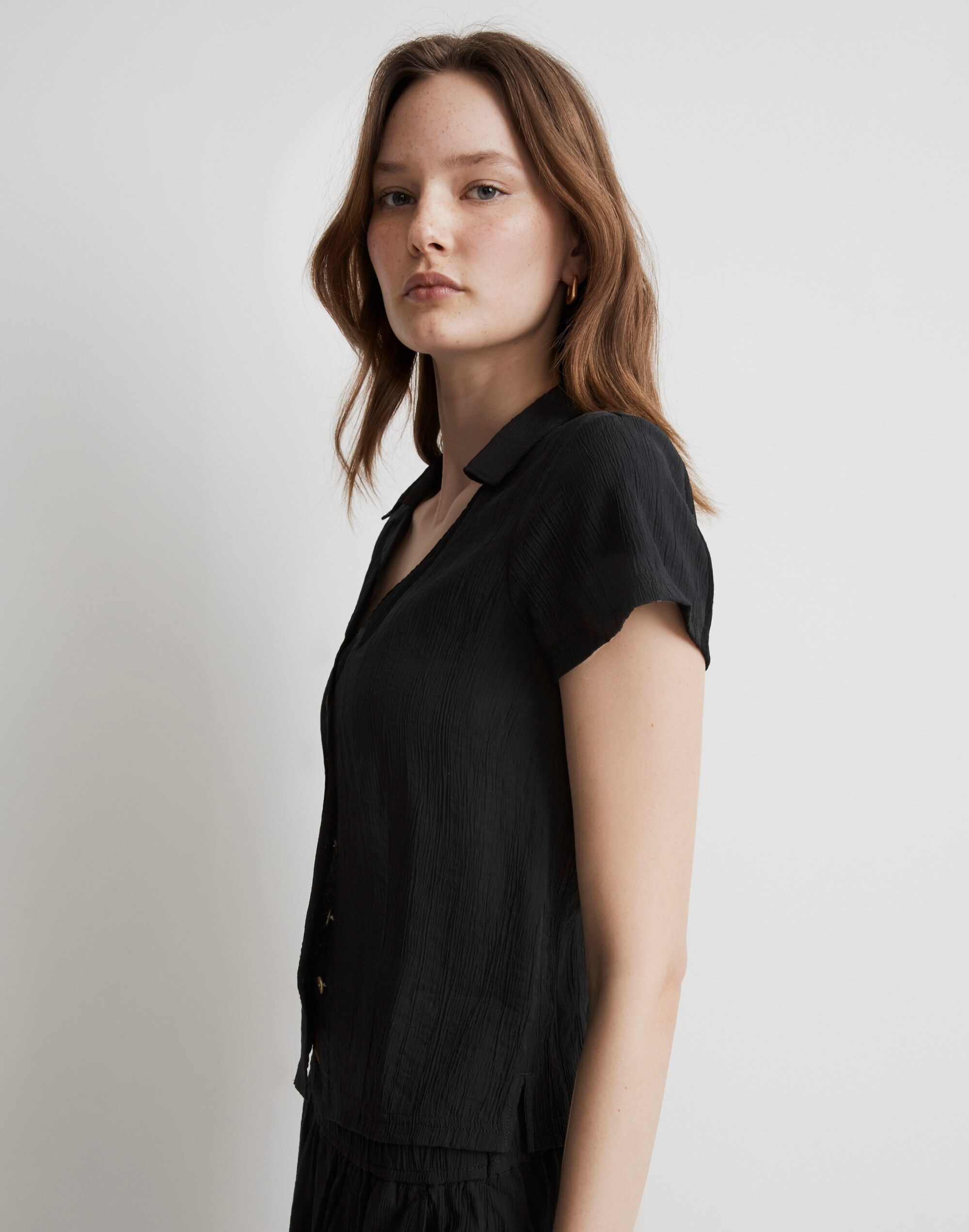 Notched V-Neck Button-Up Top