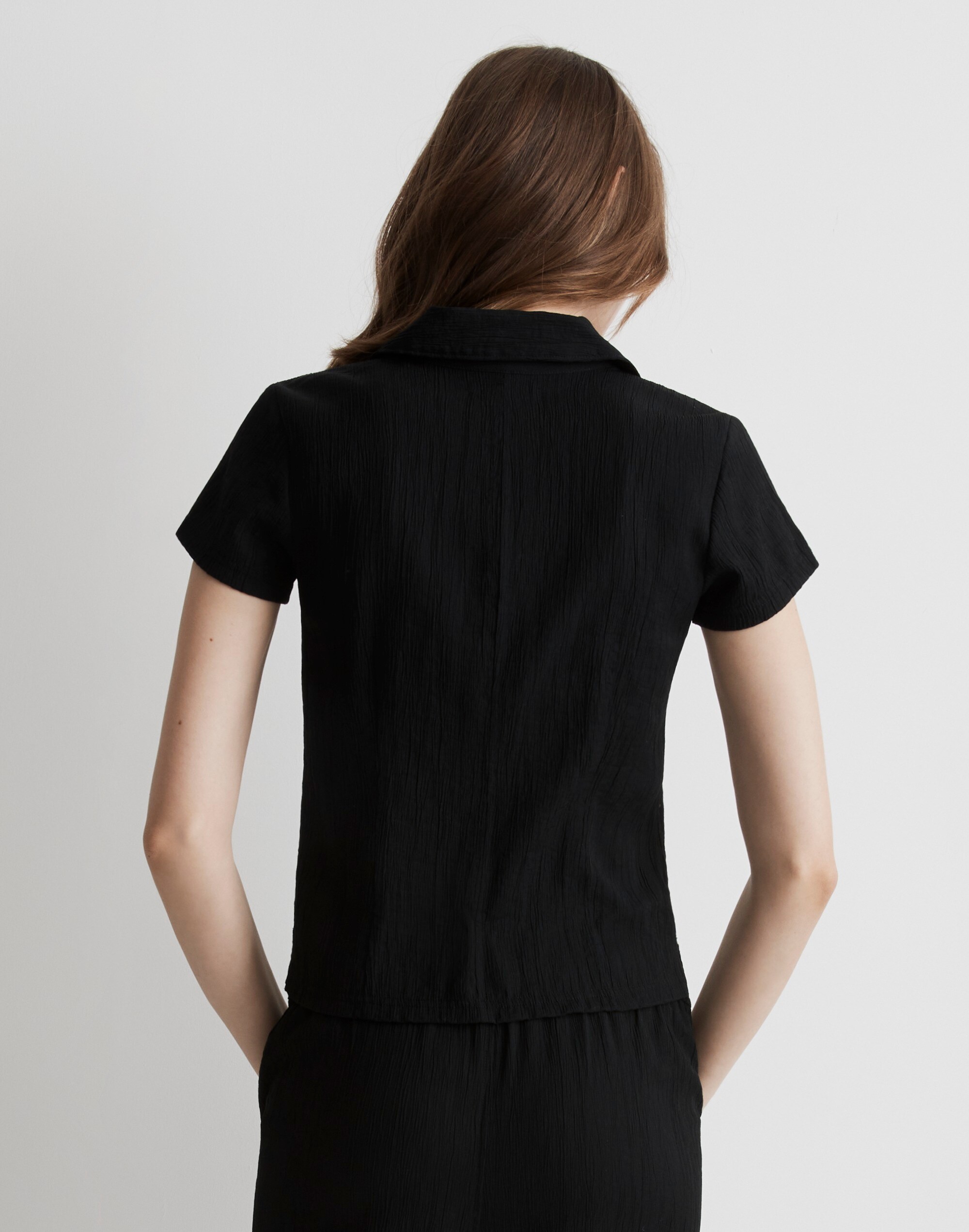 Notched V-Neck Button-Up Top