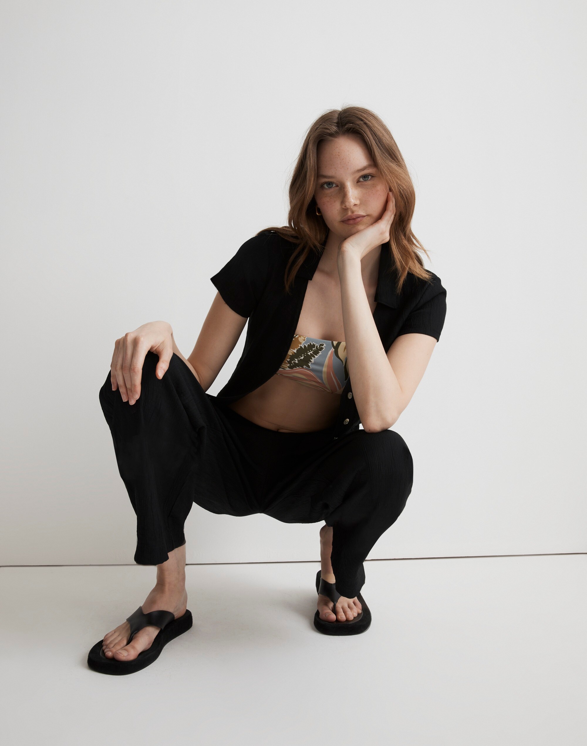 Notched V-Neck Button-Up Top