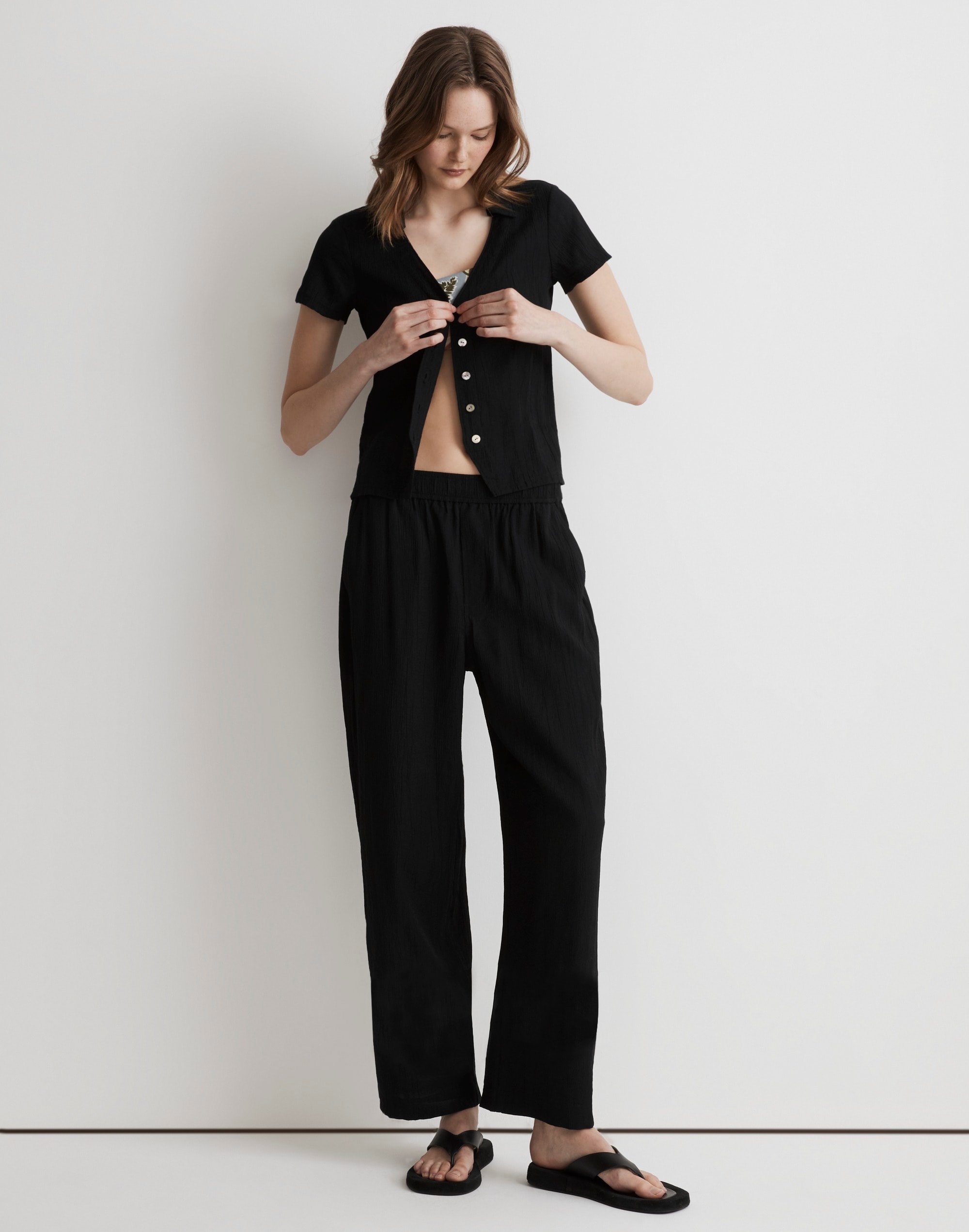 notched v-neck button-up top
