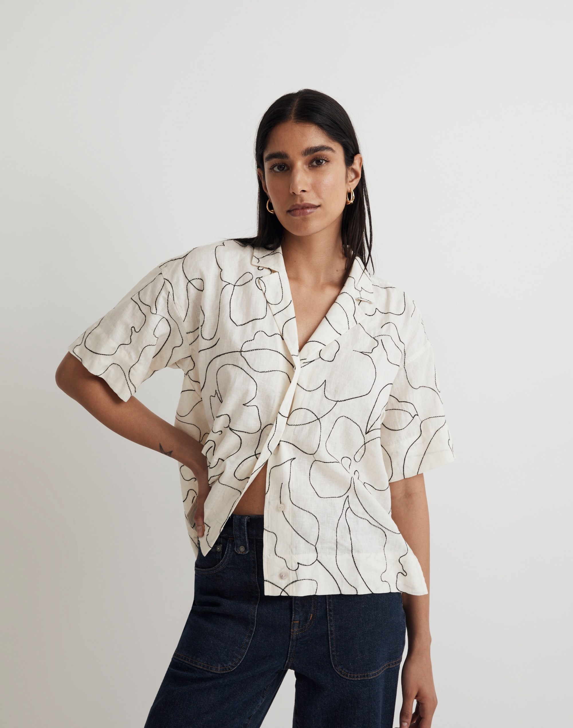Embroidered Button-Up Camp Shirt