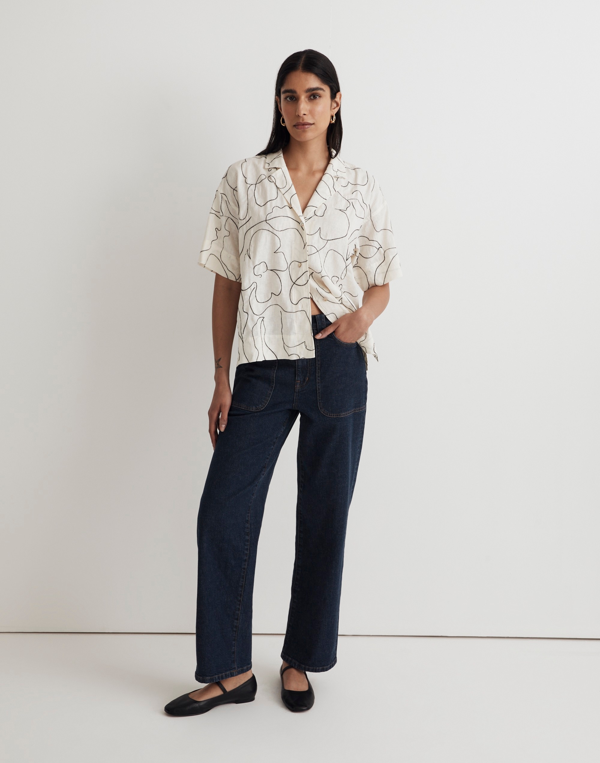embroidered button-up camp shirt