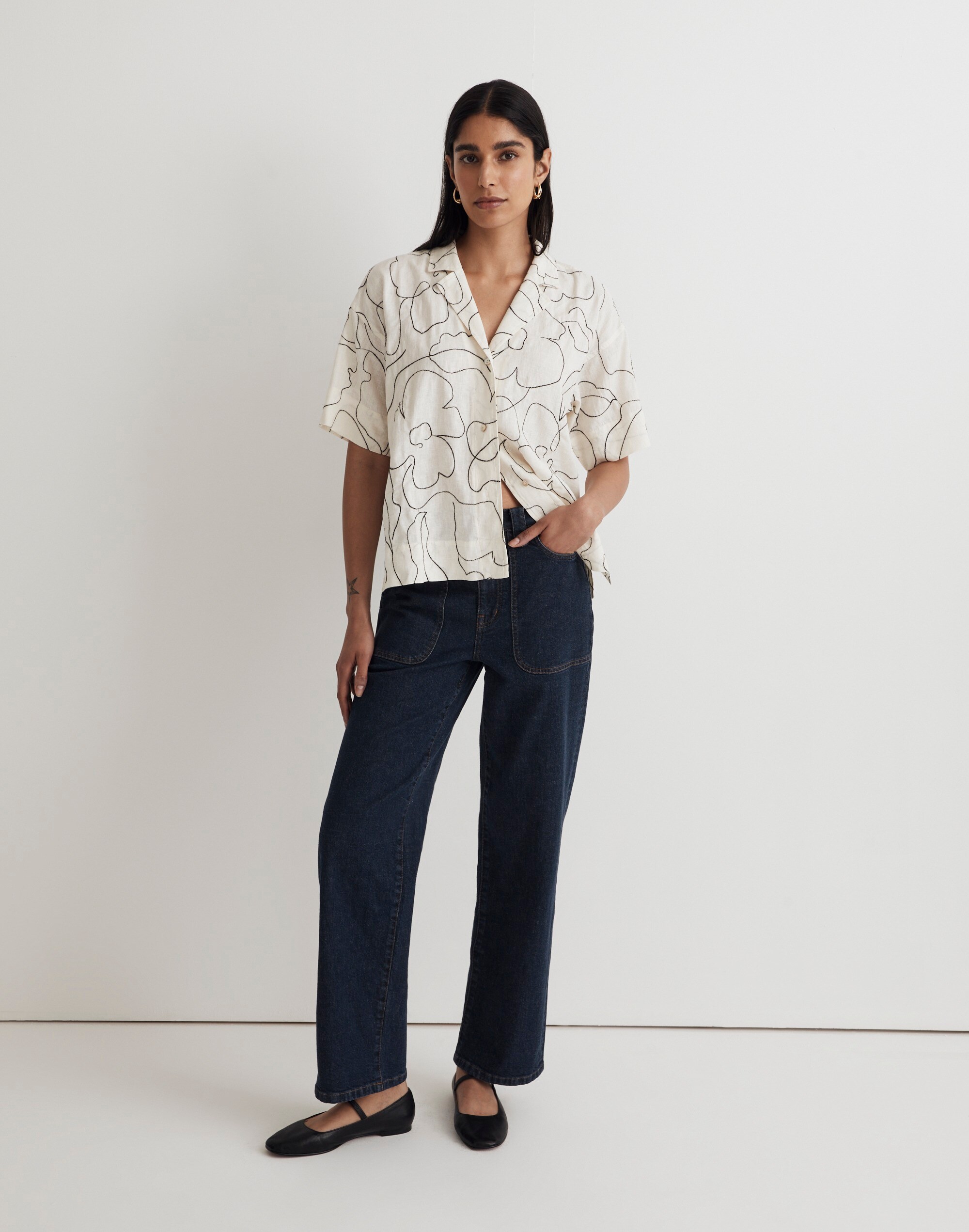 Embroidered Button-Up Camp Shirt