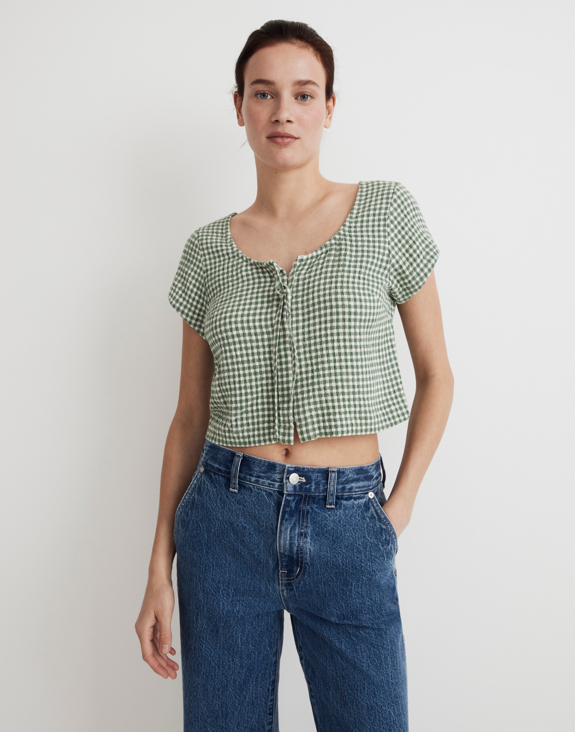 Tie-Front Crop Top in Yarn-Dyed Check