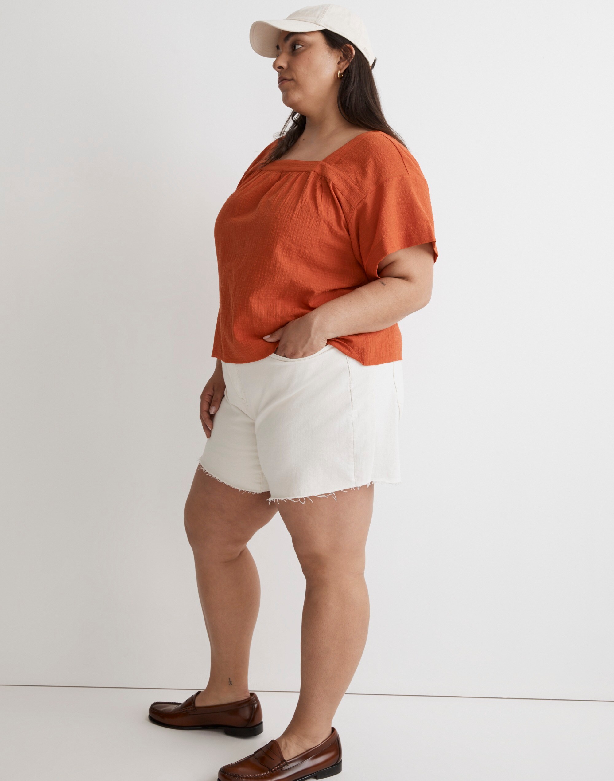 Plus Square-Neck Short-Sleeve Popover Top in Windowpane