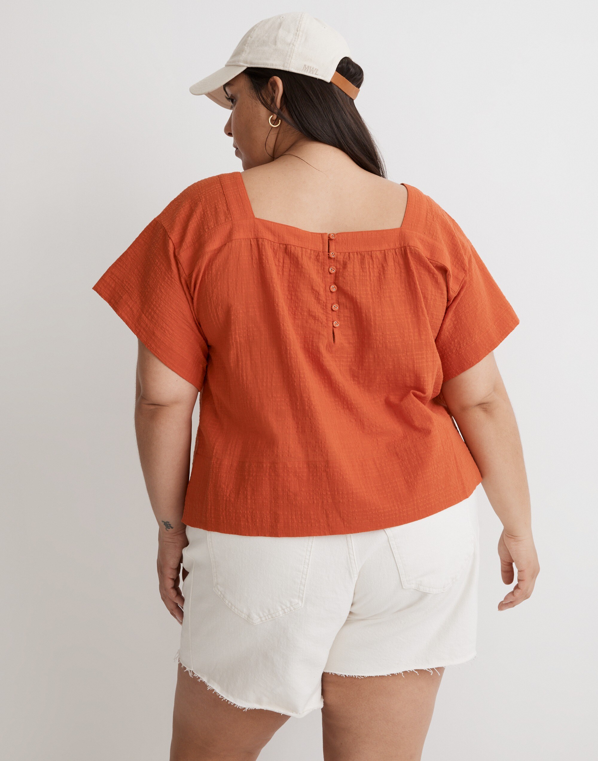 Plus Square-Neck Short-Sleeve Popover Top in Windowpane