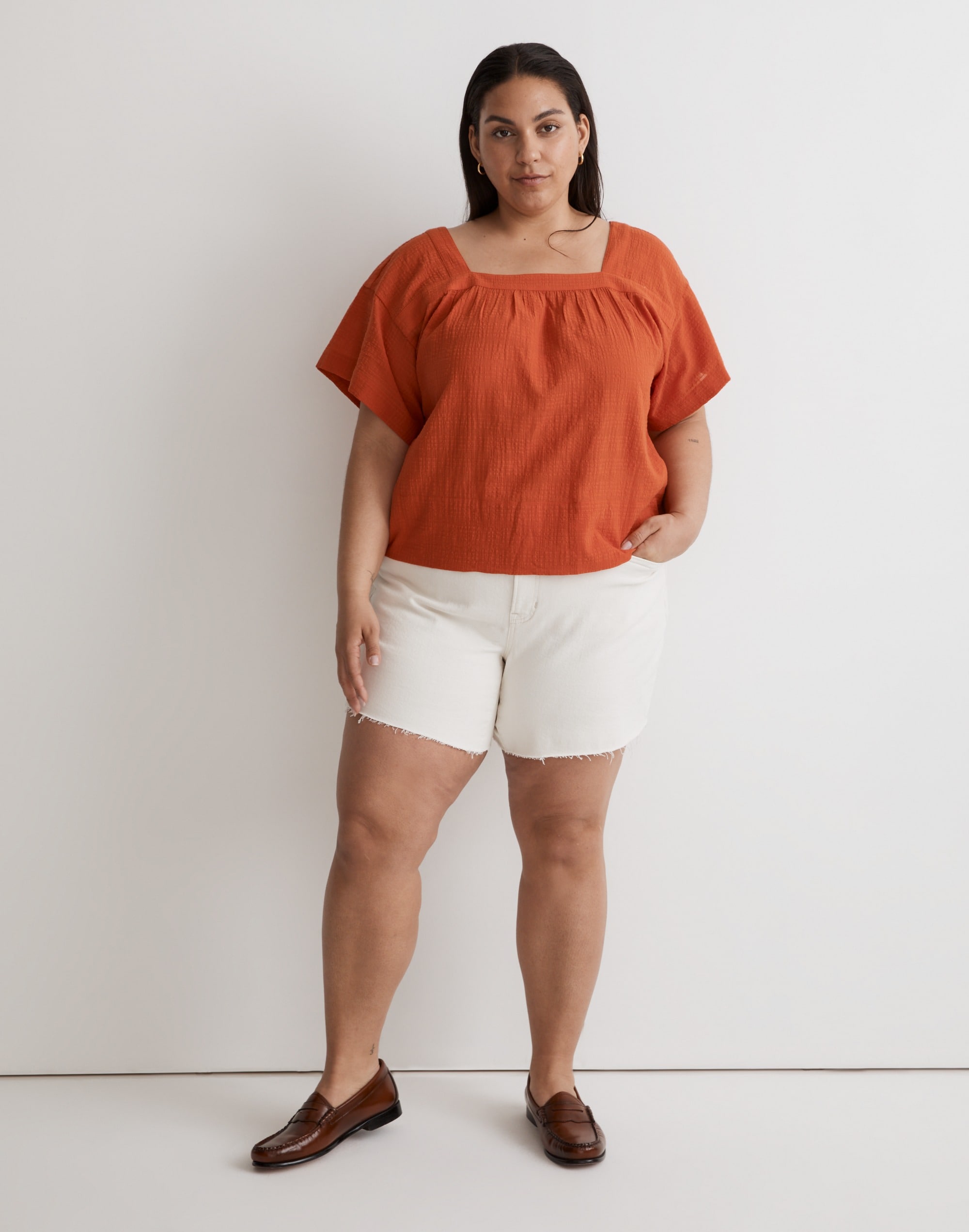 Plus Square-Neck Short-Sleeve Popover Top in Windowpane