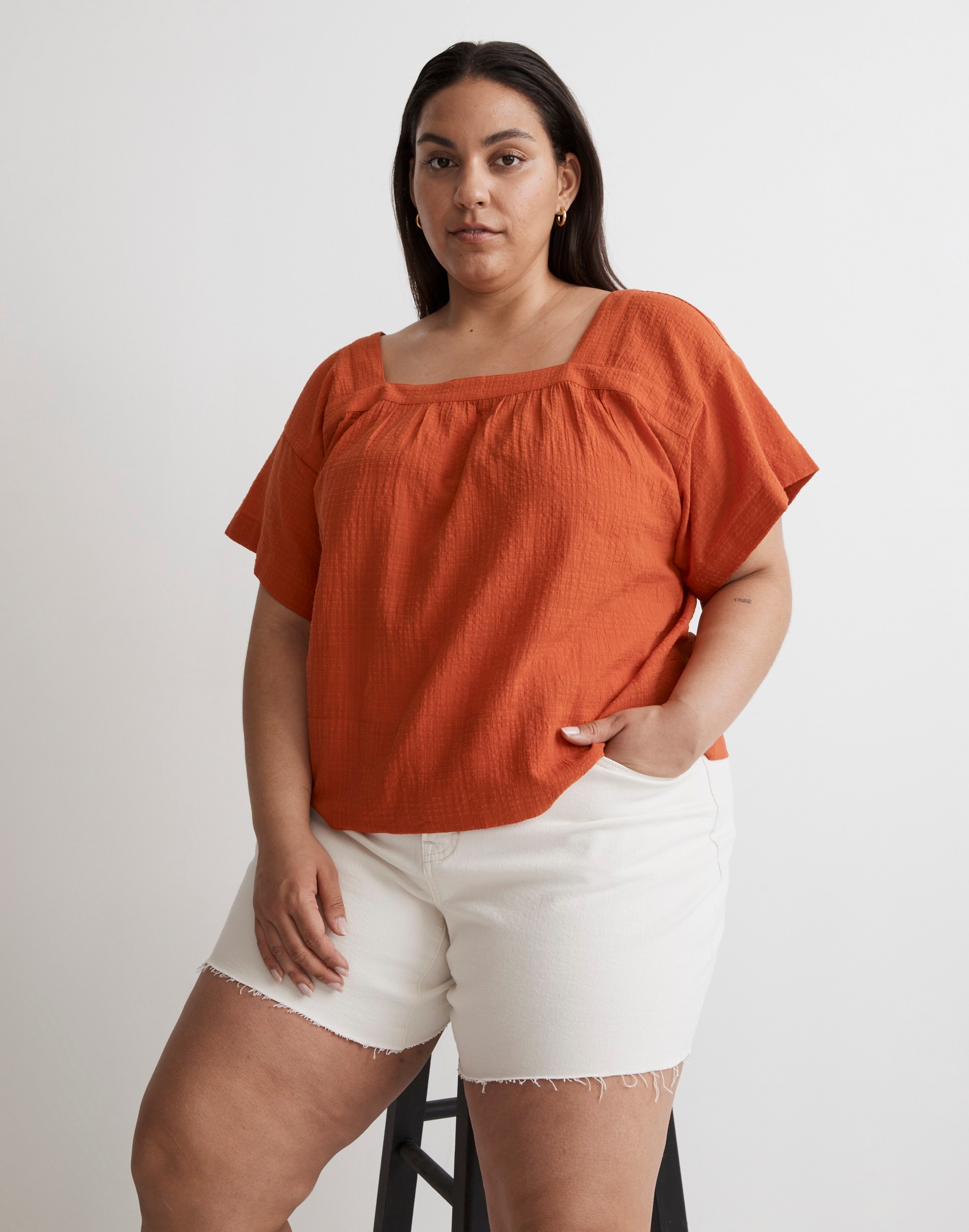 Plus Square-Neck Short-Sleeve Popover Top in Windowpane