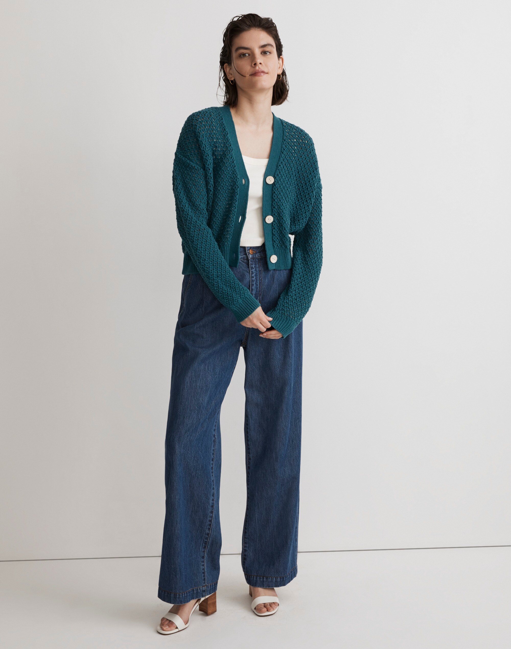 Open-Stitch Crop Cardigan Sweater