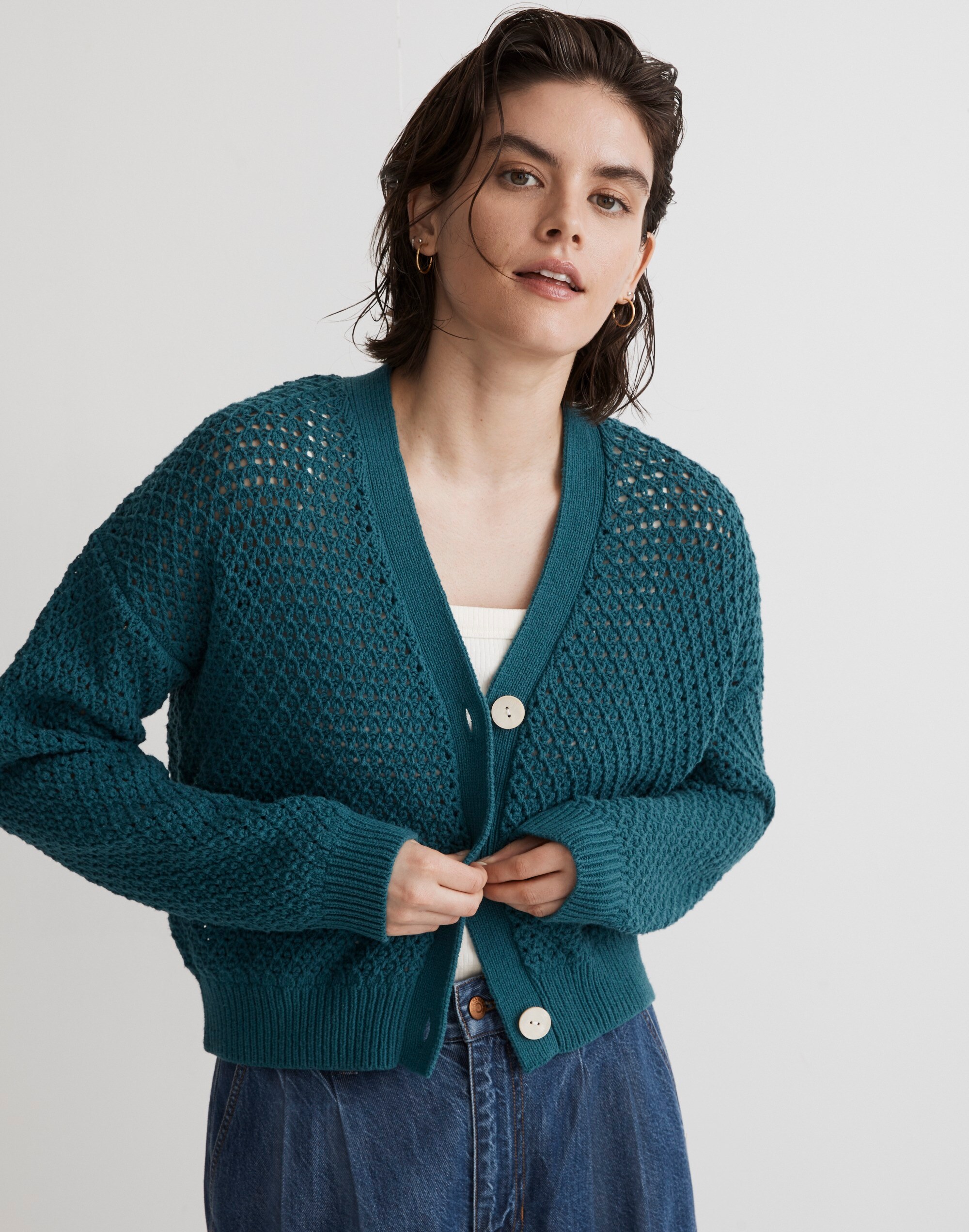 Open-Stitch Crop Cardigan Sweater